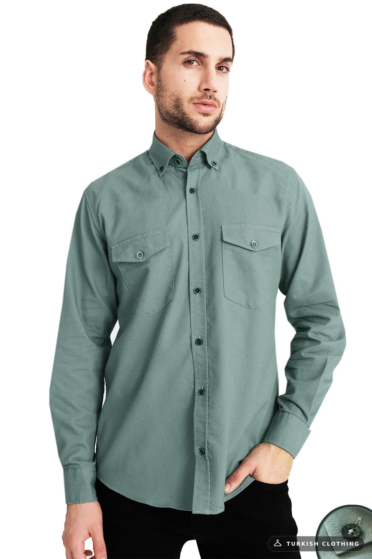 Varetta Men's Green Lycra Denim Shirt – Double Pocket Comfortable Fit – wholesale Shirts by Varetta, Turkish clothing