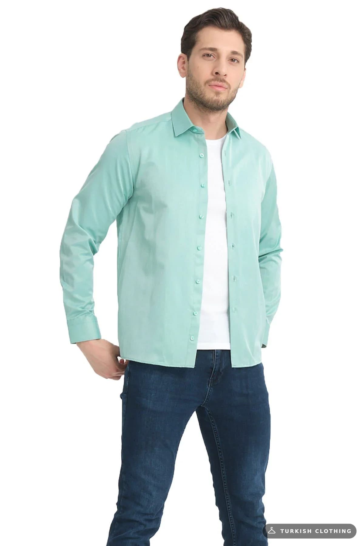 Varetta Men's Green Plain No Pocket Wide Cut Long Sleeve Shirt