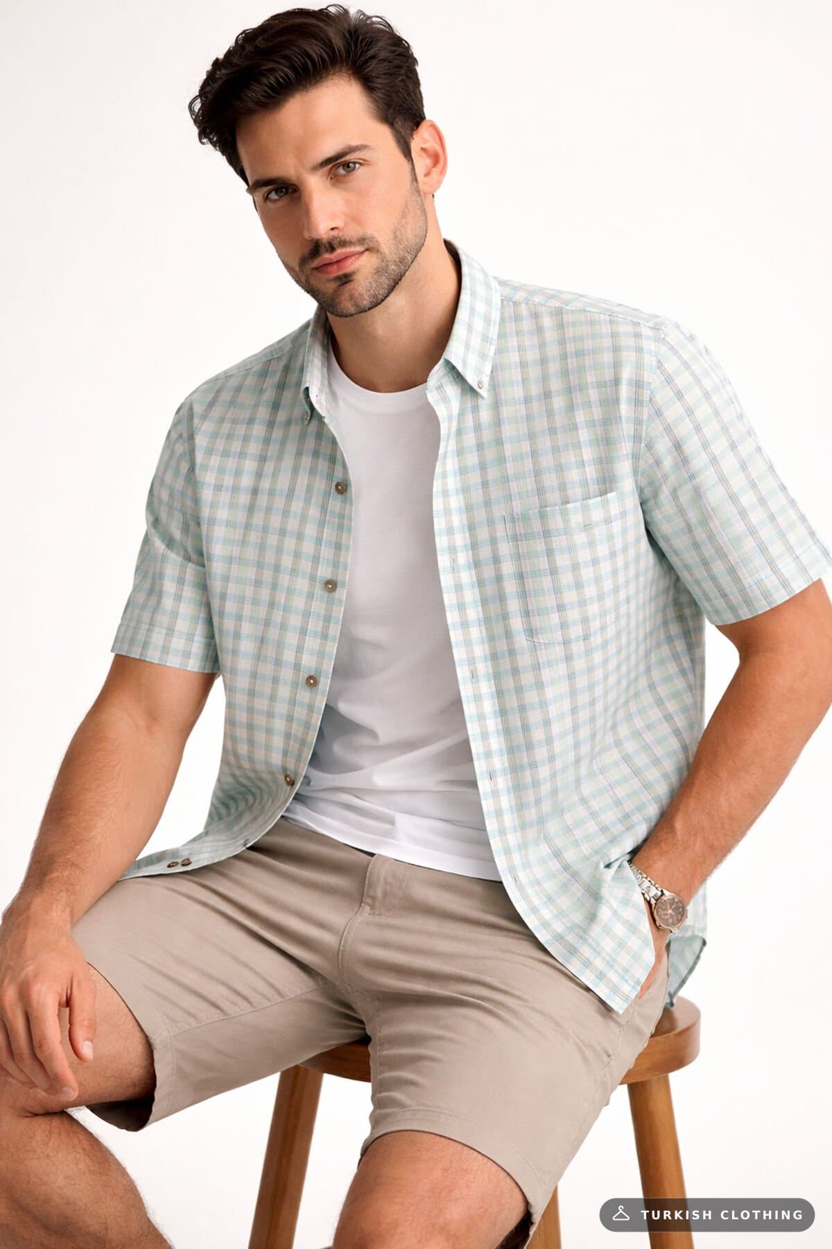 Varetta Men's Green Shirt Short Sleeve with Pockets Wide Cut Cotton Summer Check – wholesale Shirts by Varetta, Turkish