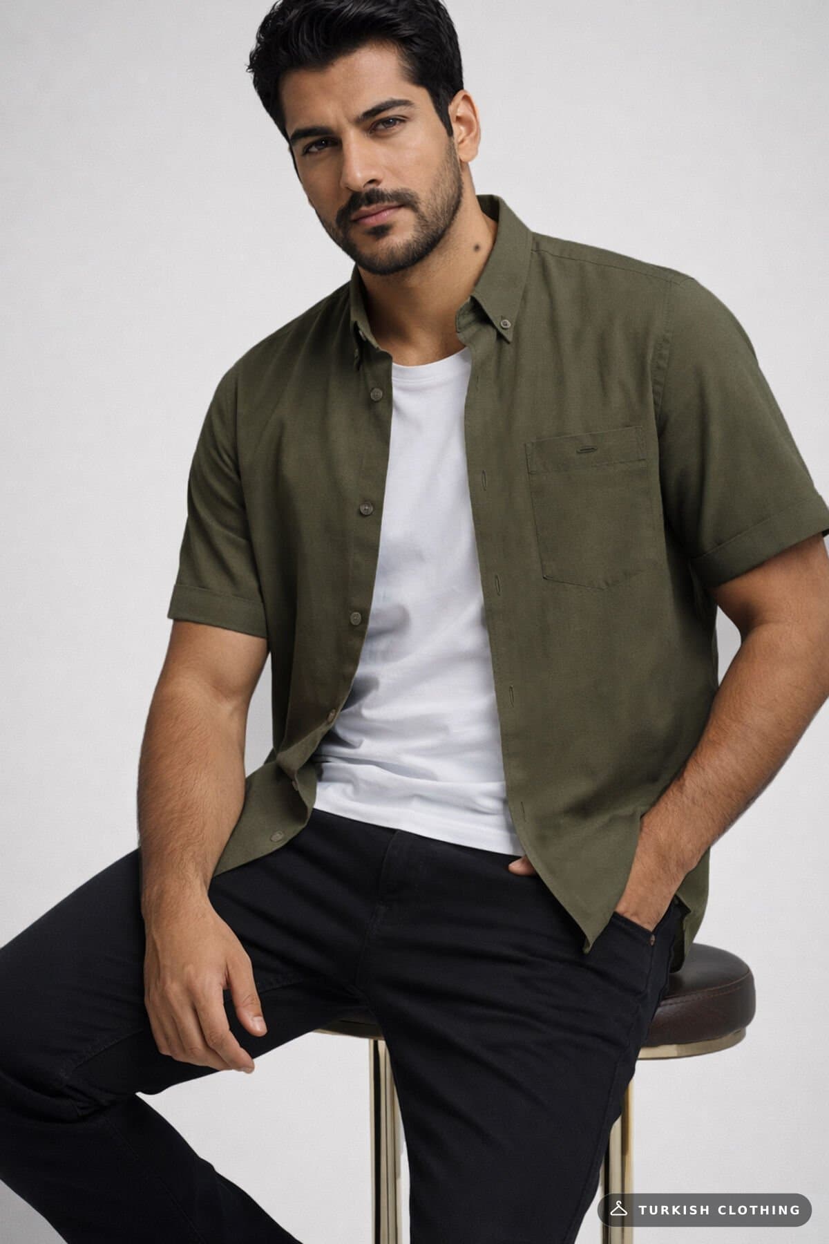 Varetta Men's Green Short Sleeve Cotton Satin Shirt – wholesale Shirts by Varetta, Turkish clothing manufacturer