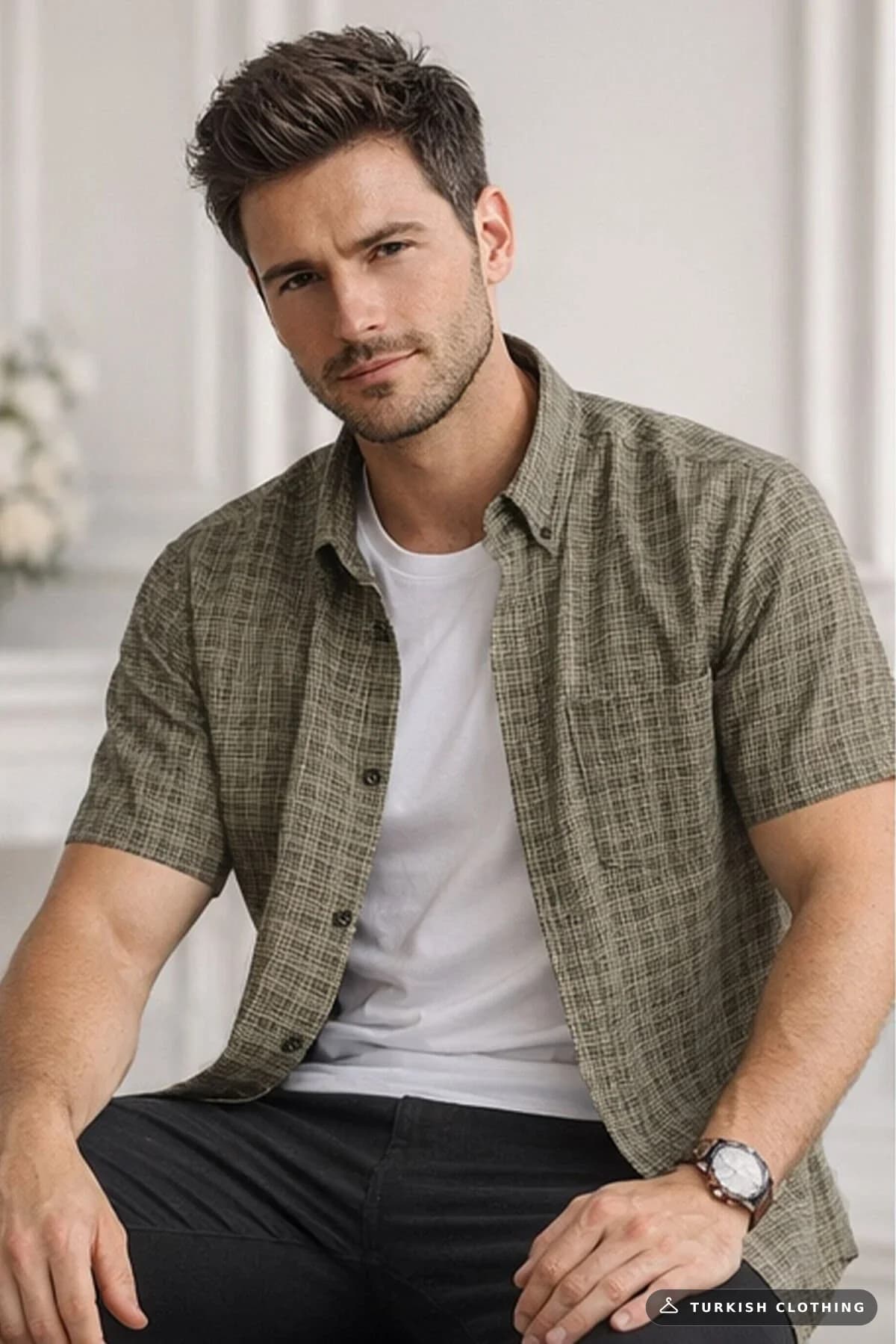 Varetta Men's Green Short Sleeve Shirt Cotton Pocket Summer