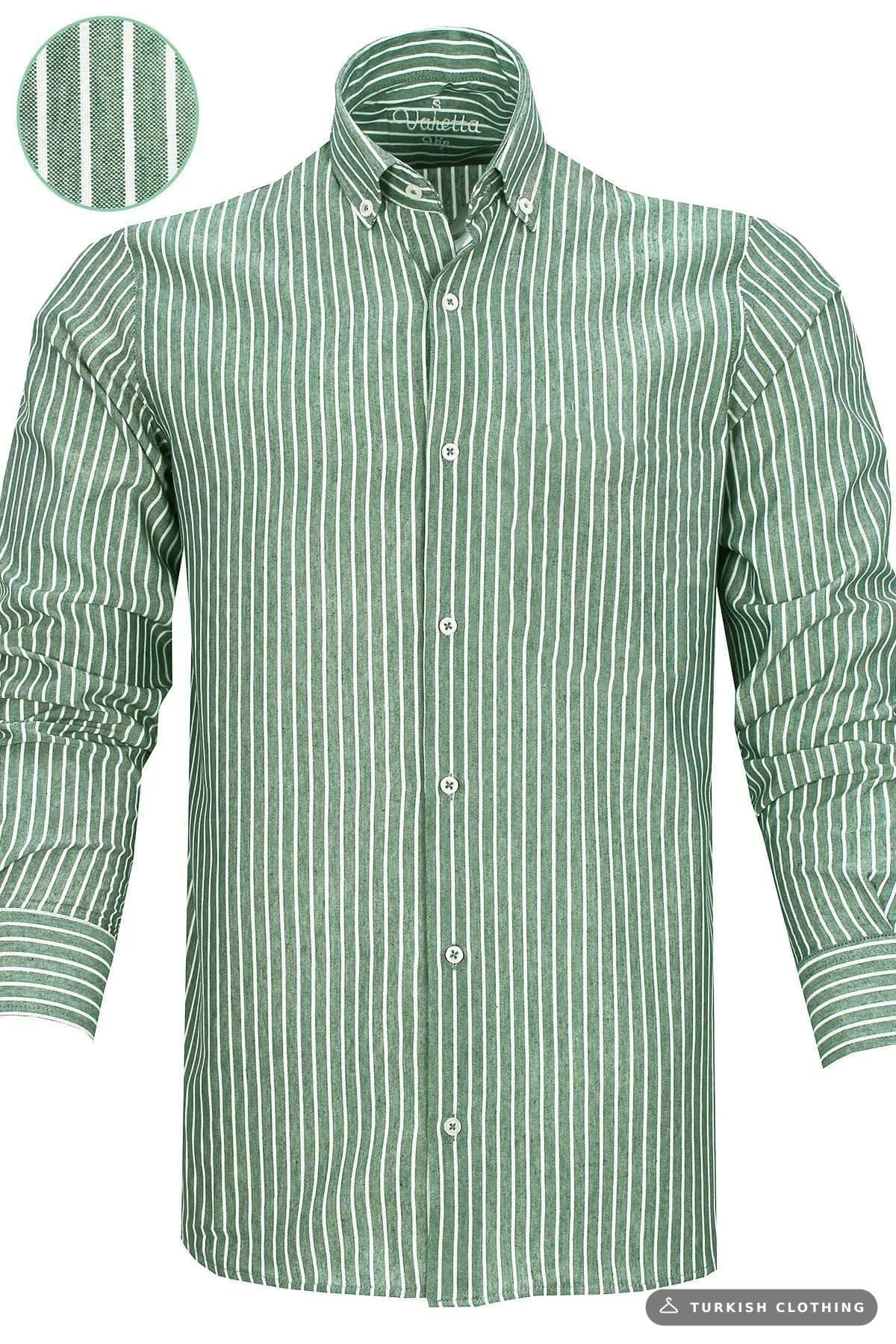 Varetta Men's Green Striped Long Sleeve Button Collar Shirt – wholesale Shirts by Varetta, Turkish clothing manufacturer