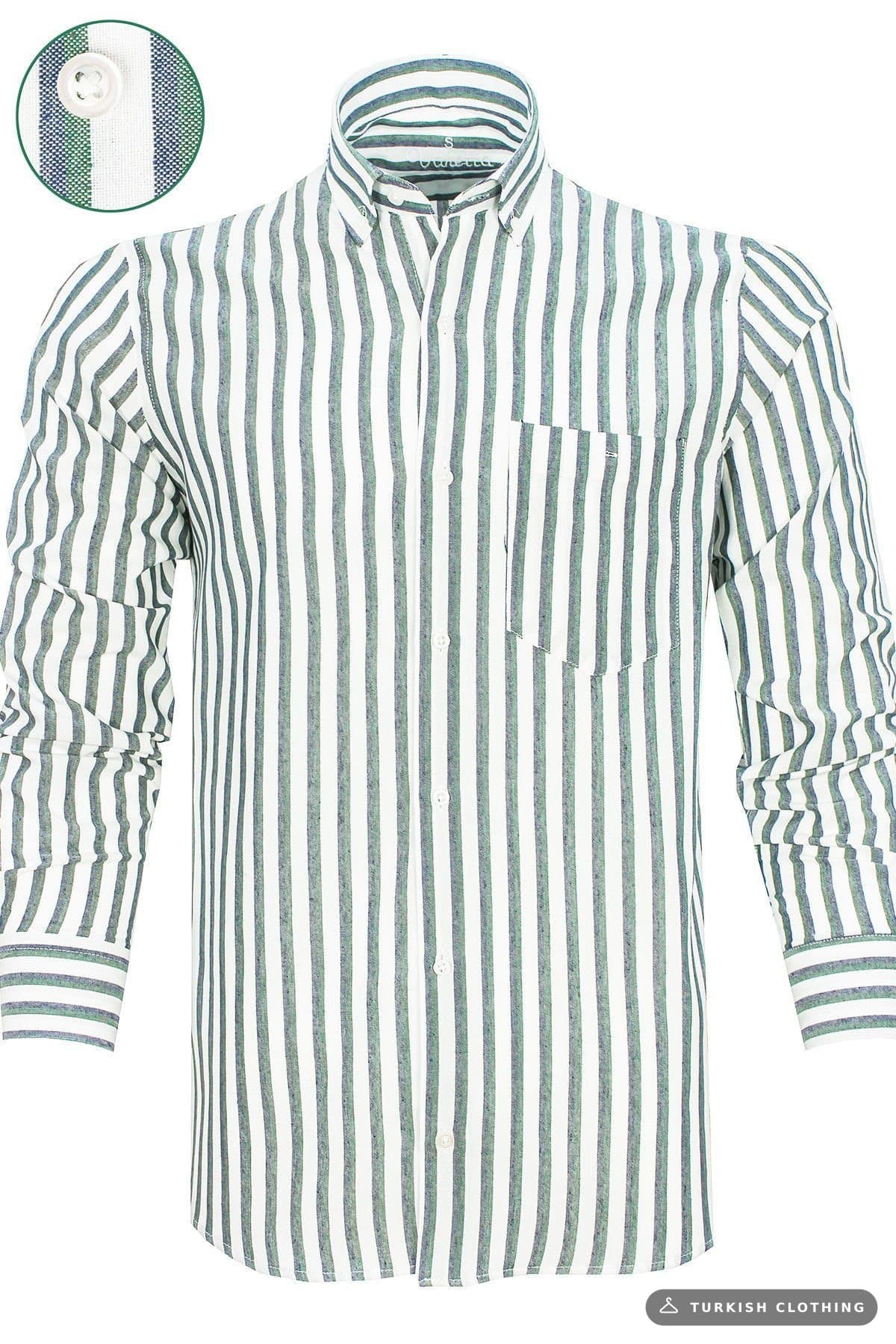 Varetta Men's Green Striped Long Sleeve Buttoned Collar Shirt Smoked-Green – wholesale Shirts by Varetta, Turkish clothing
