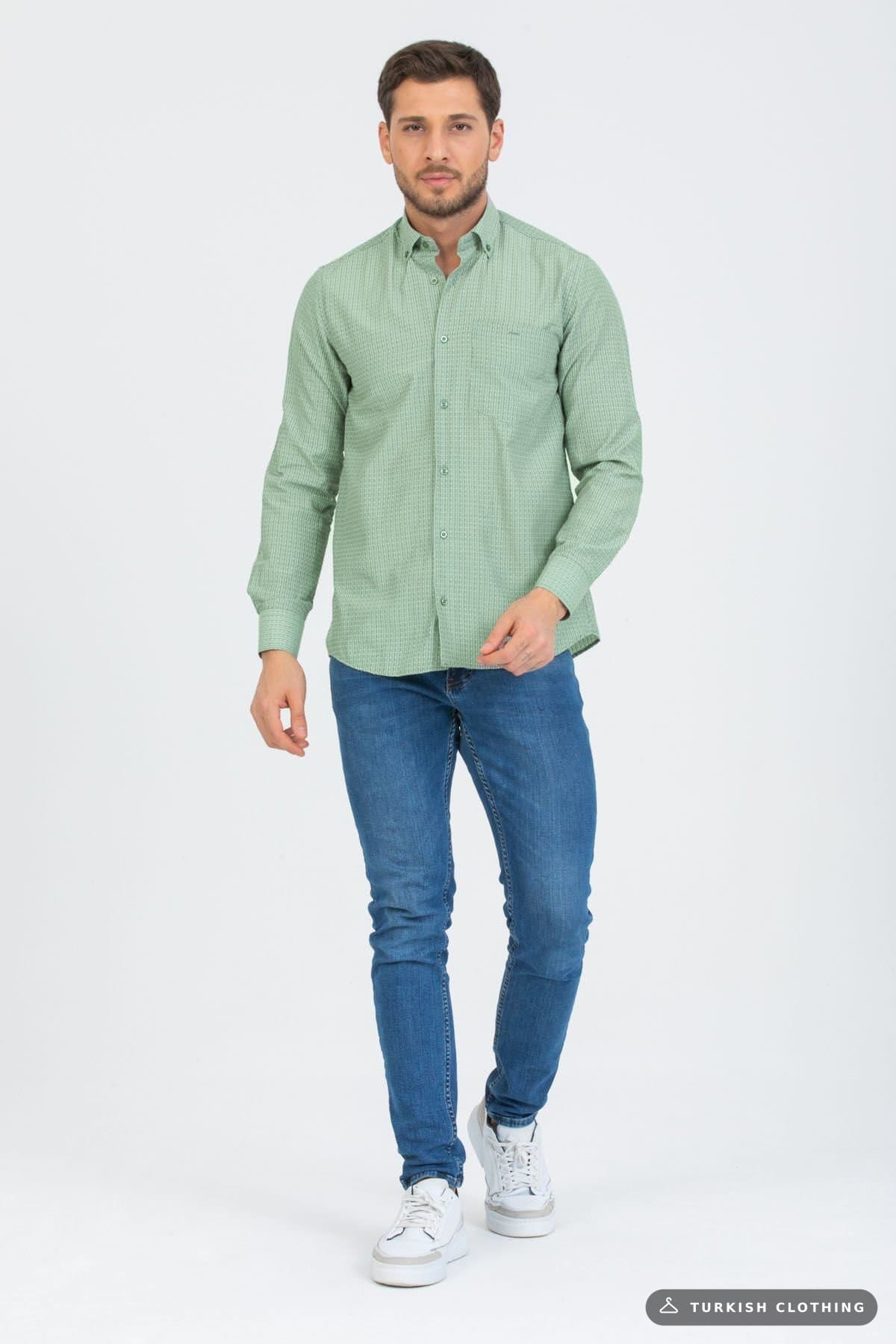 Varetta Men's Green Striped Sleeve Classic Cut Collar Buttoned Shirt — Checked Button-Down – wholesale Shirts by Varetta,