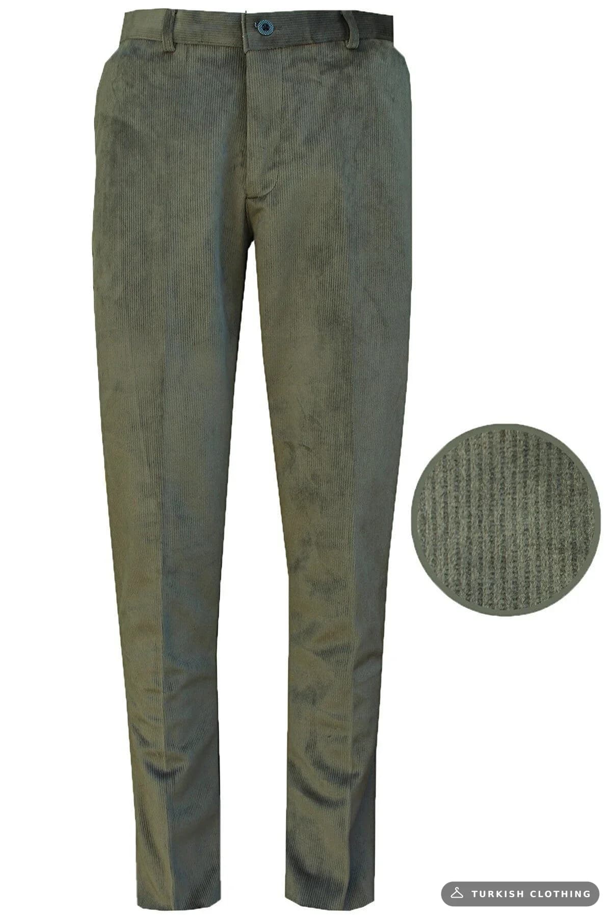 Varetta Men's Green Velvet Trousers Winter Striped Pocket Classic Cut