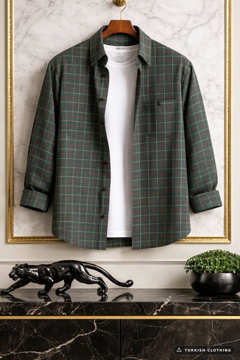 Varetta Men's Green Winter Checkered Woolen Pocket Wide Cut Shirt – wholesale Shirts by Varetta, Turkish clothing