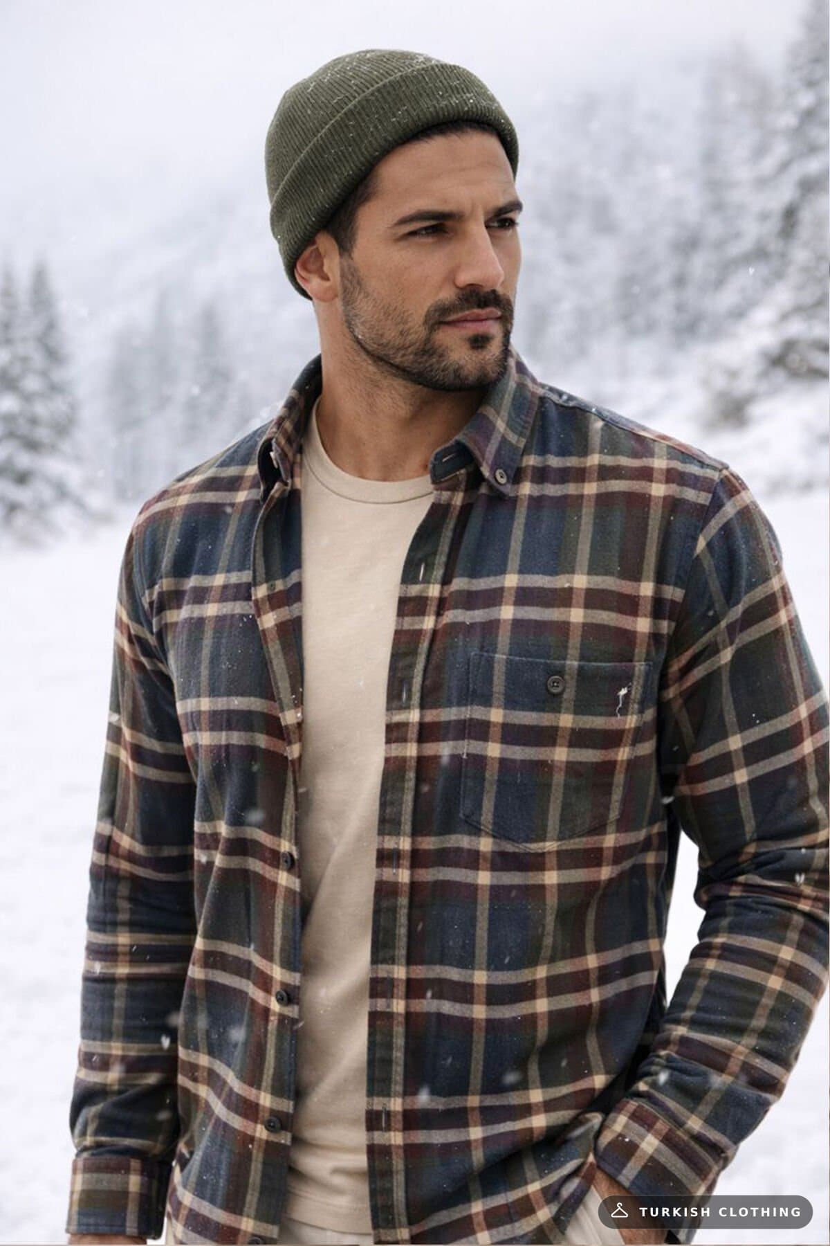 Varetta Men's Green Winter Checkered Woolen Shirt with Pockets Classic Casual Cut – wholesale Shirts by Varetta, Turkish