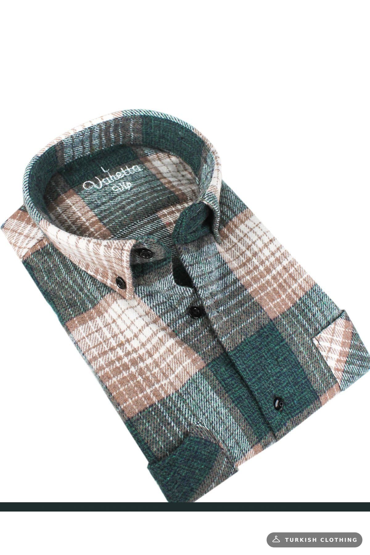 Varetta Men's Green Winter Thick Checkered Lumberjack Shirt – Oversize Model with Pockets – wholesale Shirts by Varetta,