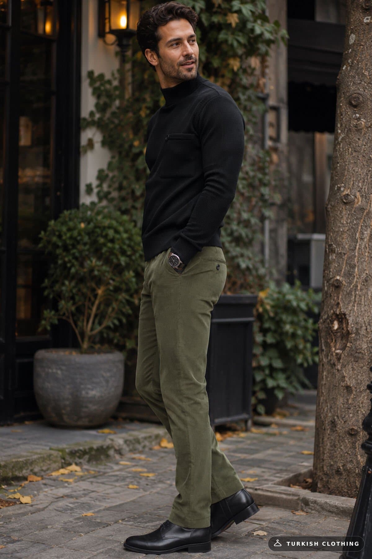 Varetta Men's Green Winter Velvet Trousers Thin Ribbed Fleece Inside Side Pocket Classic – back view, wholesale Trousers