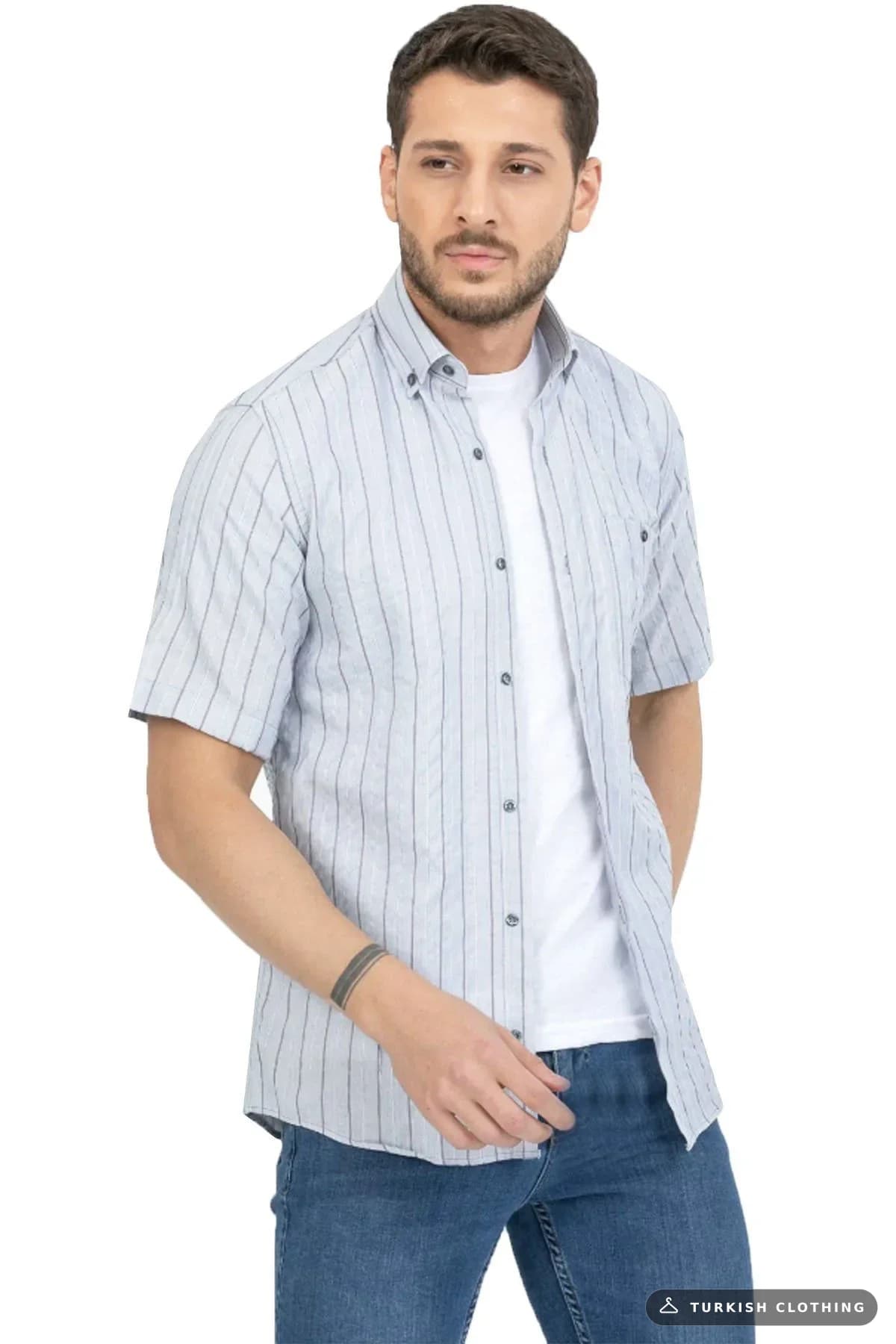 Varetta Men's Greyish Blue Shirt Striped Cotton Pocket Summer Short Sleeve Gray