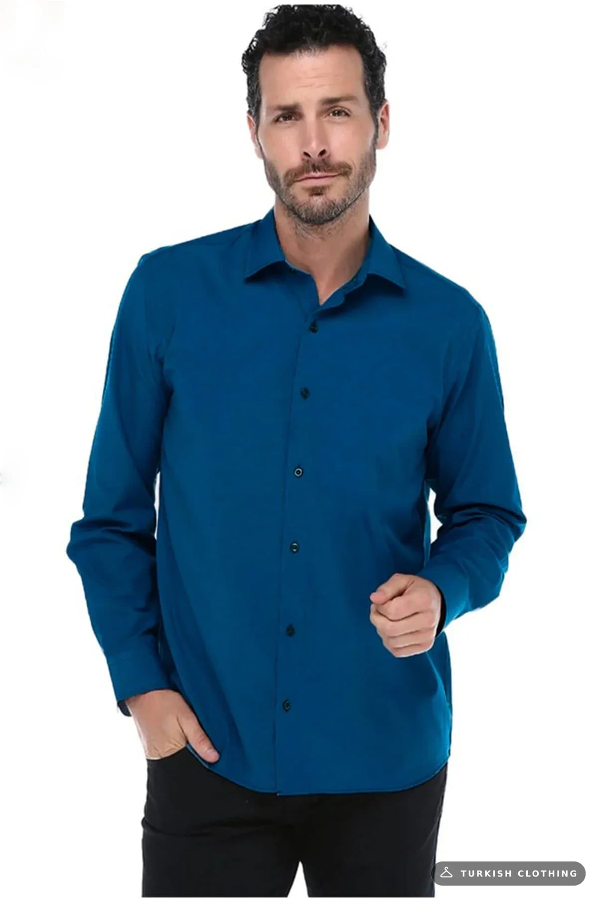 Varetta Men's Indigo Blue Plain No Pocket Wide Cut Long Sleeve Shirt