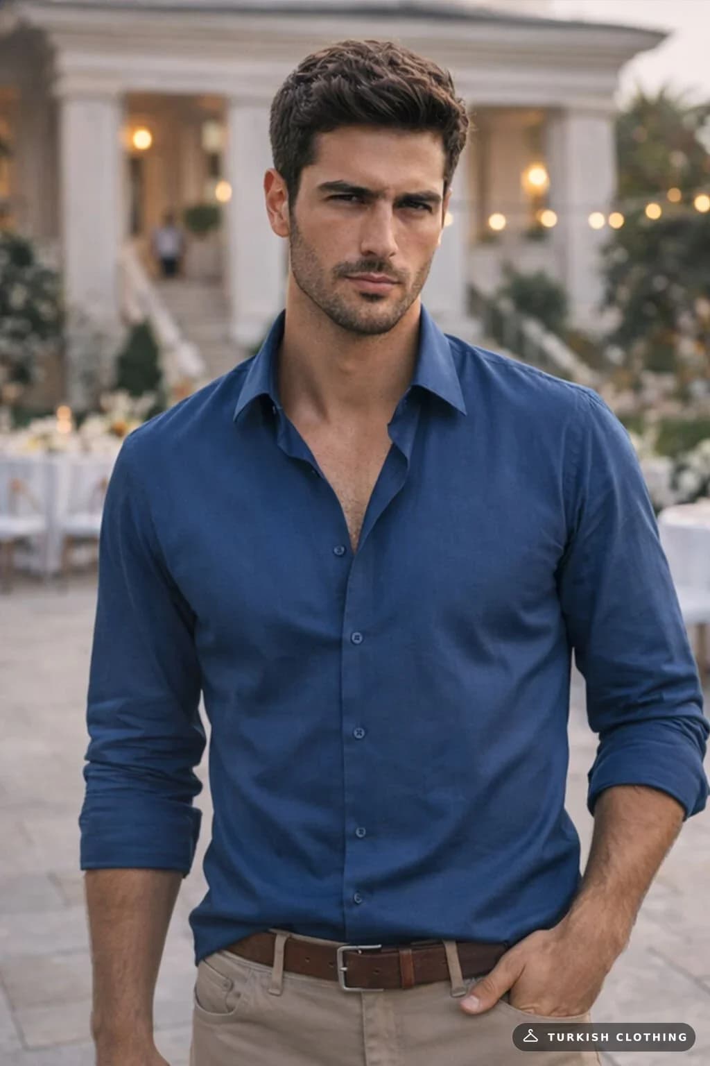 Varetta Men's Indigo Blue Plain Pocketless Wide Cut Long Sleeve Shirt