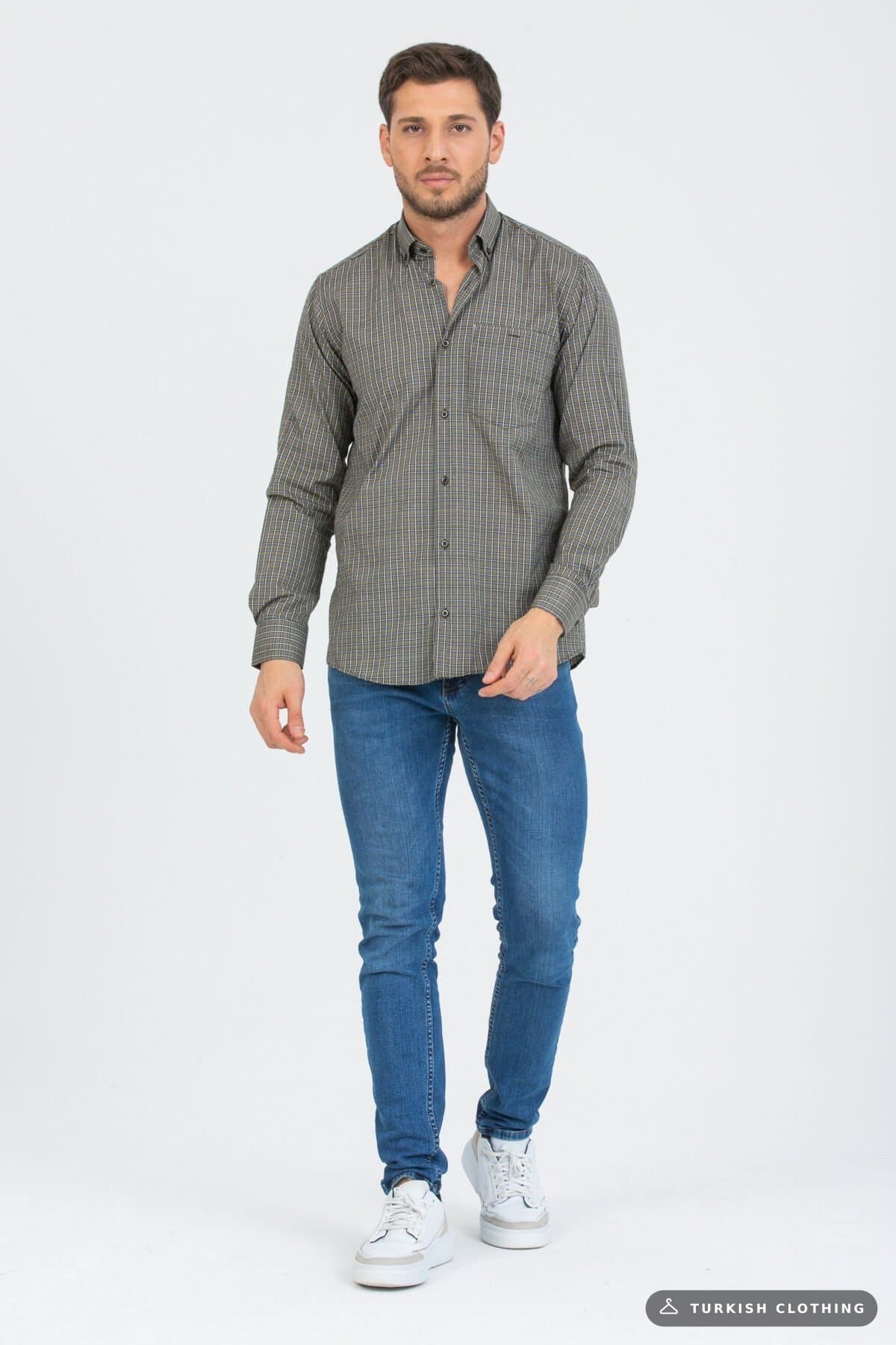 Varetta Men's Khaki Checkered Long Sleeve Classic Cut Collar — Checked Button-Down – wholesale Shirts by Varetta, Turkish