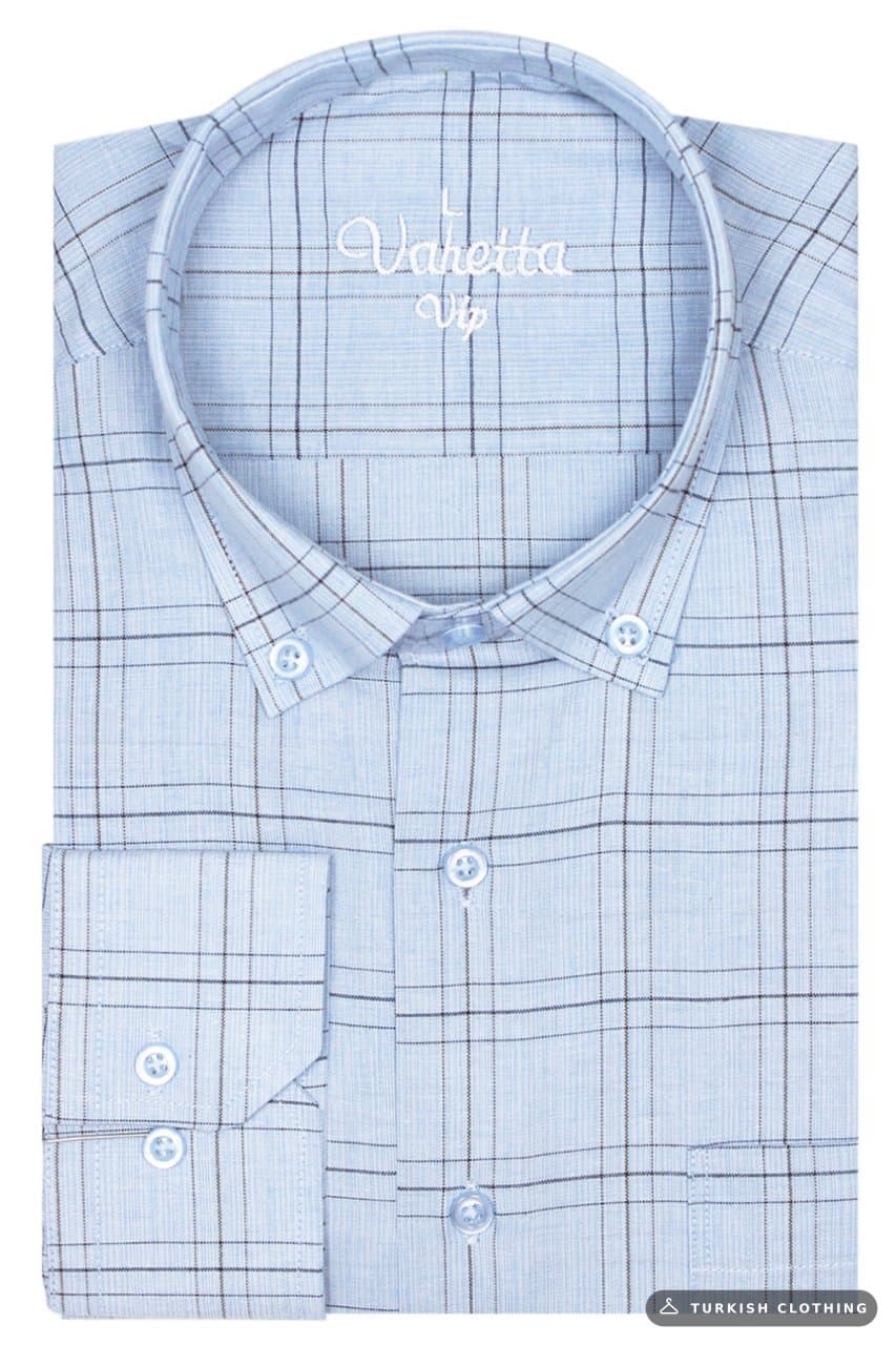 Varetta Men's Light Blue Classic Cut Collar Buttoned Single Pocket Checkered Shirt – wholesale Shirts by Varetta, Turkish