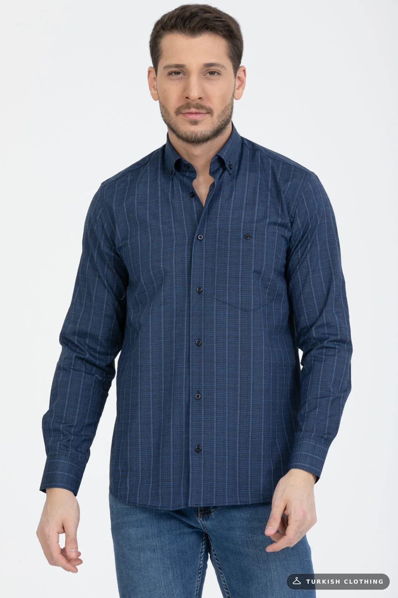 Varetta Men's Midnight Blue Checked Collar Buttoned Shirt