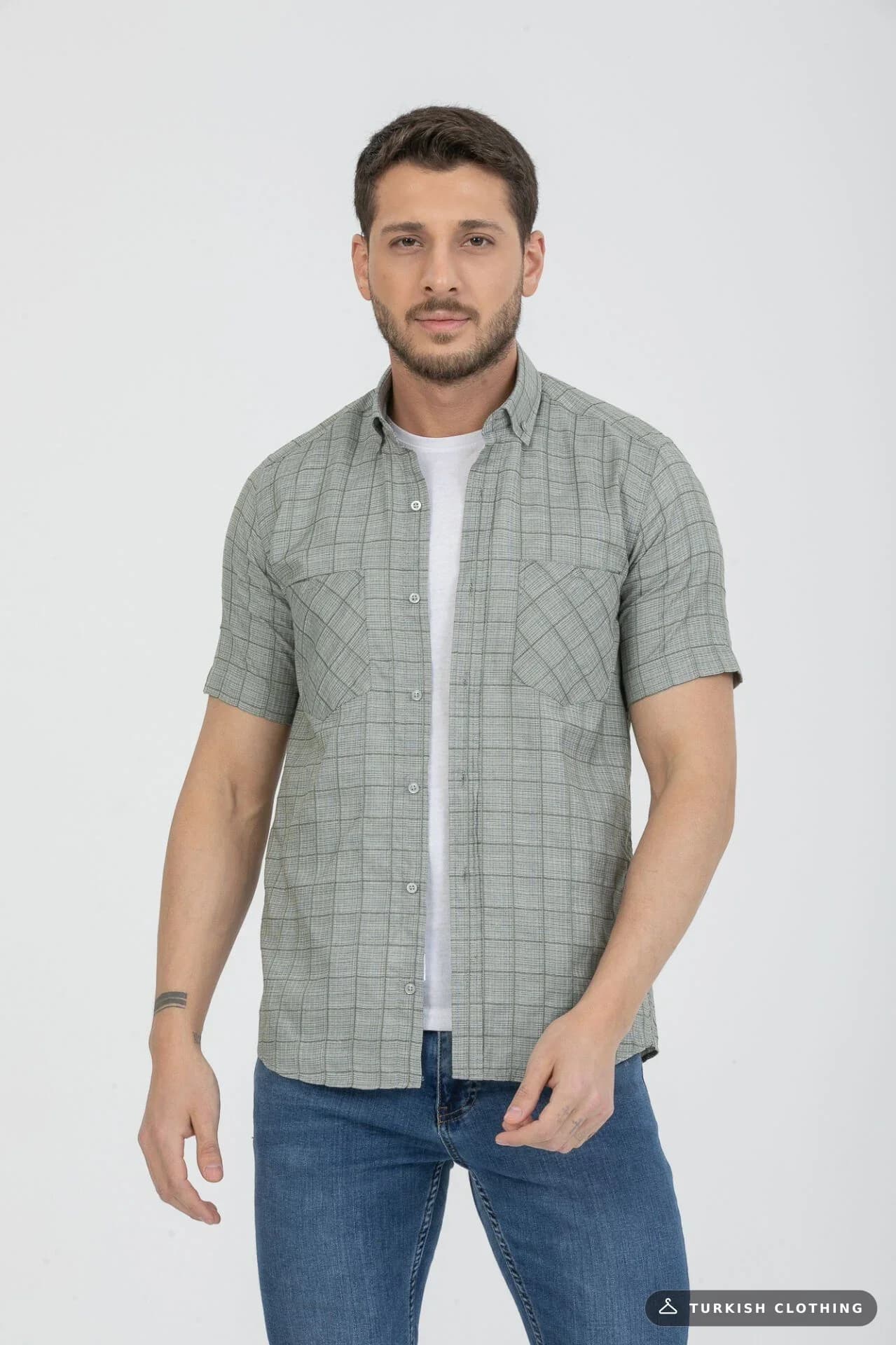 Varetta Men's Moldy Green Checkered Double Pocket Summer Short Sleeve Shirt – wholesale Shirts by Varetta, Turkish clothing