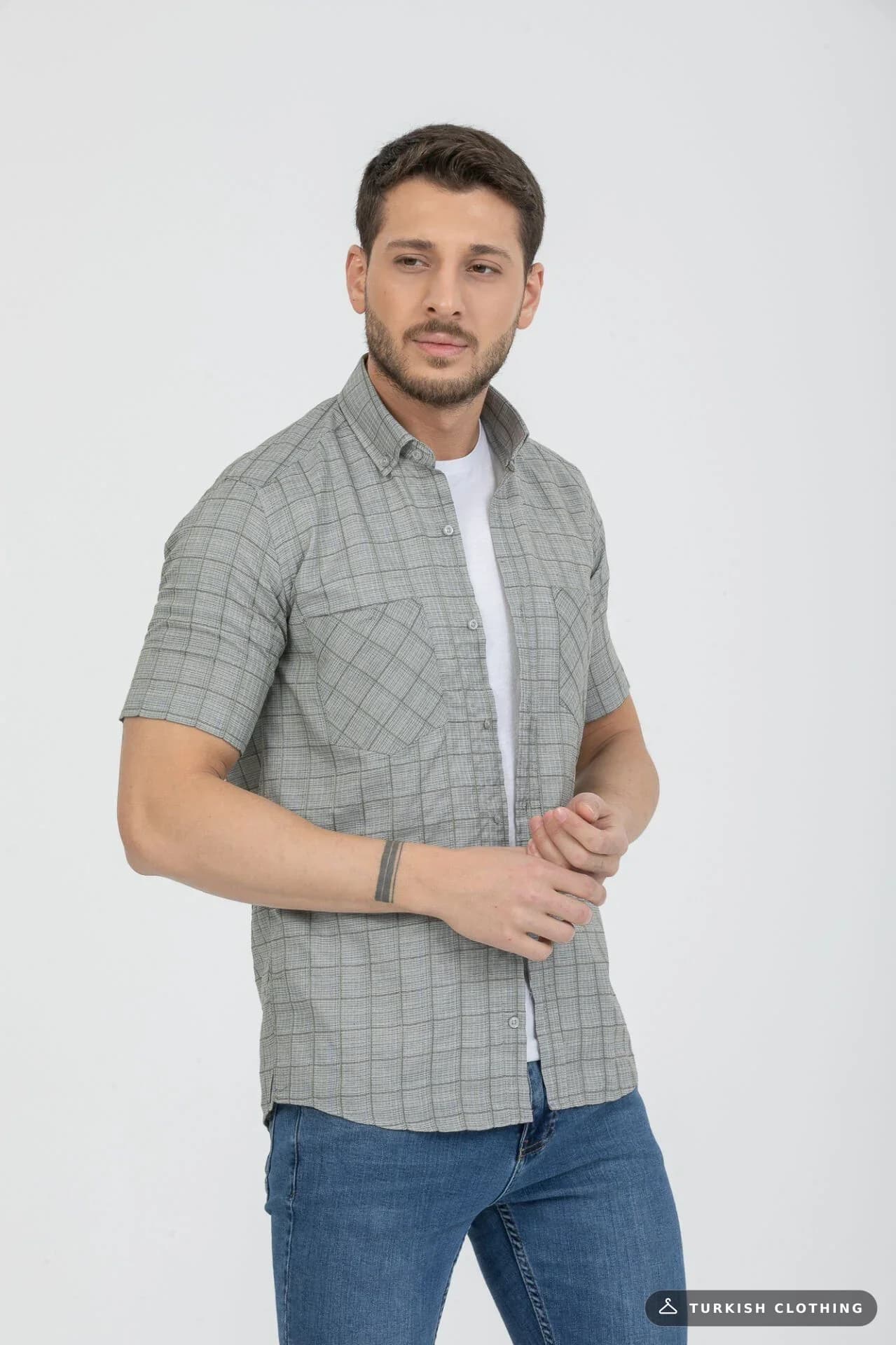 Varetta Men's Moldy Green Checkered Double Pocket Summer Short Sleeve Shirt