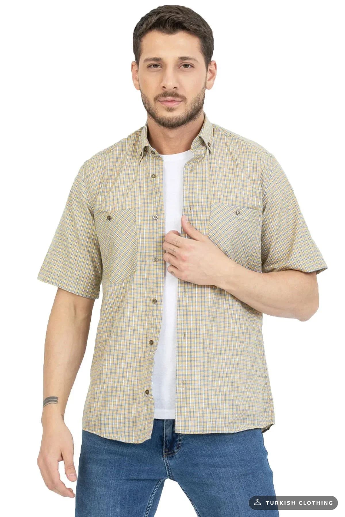 Varetta Men's Mustard Color Checkered Double Pocket Summer Short Sleeve Shirt – wholesale Shirts by Varetta, Turkish