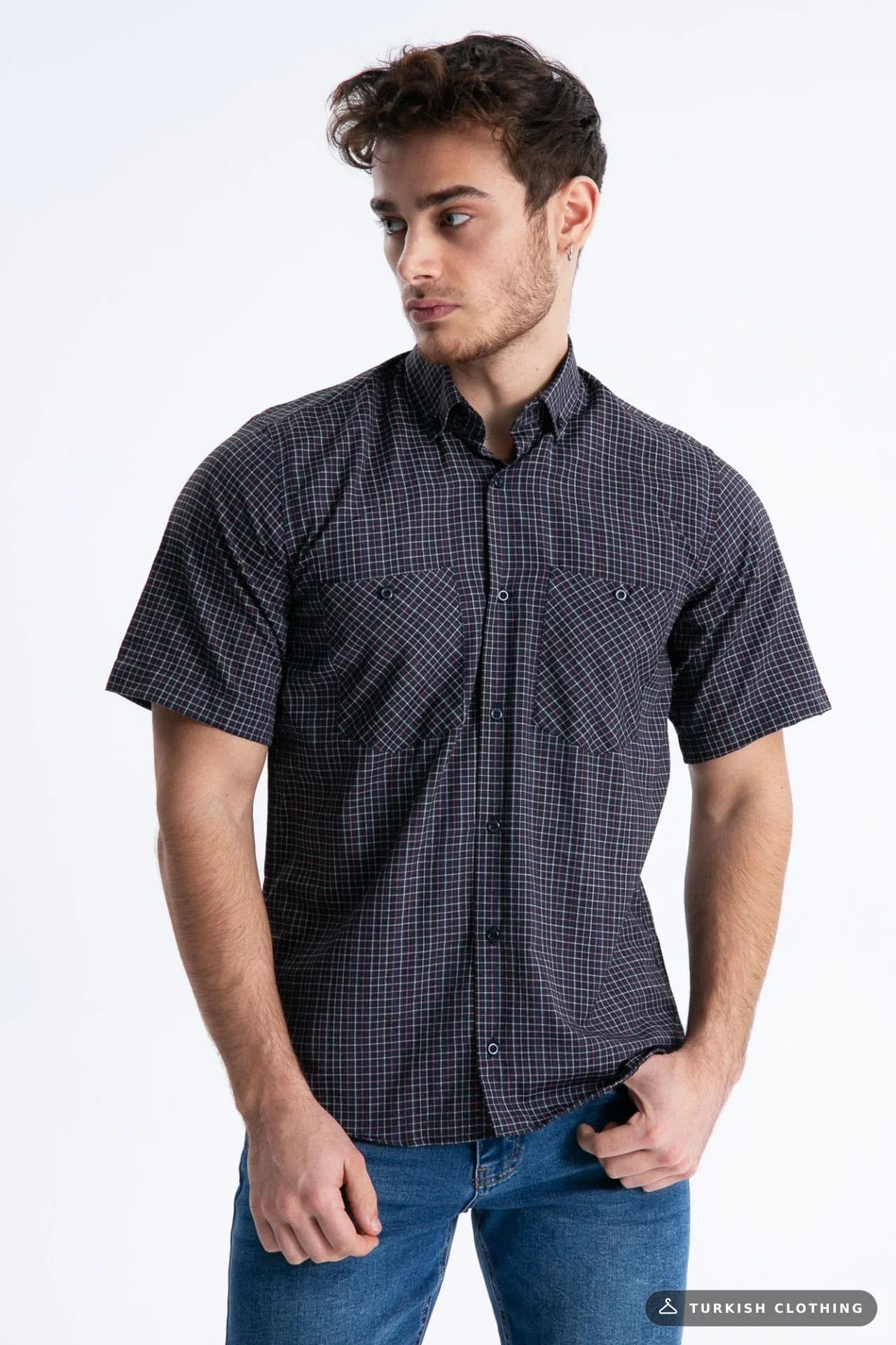 Varetta Men's Navy Blue Checked Double Pocket Summer Short — Plus Size Cotton Sateen
