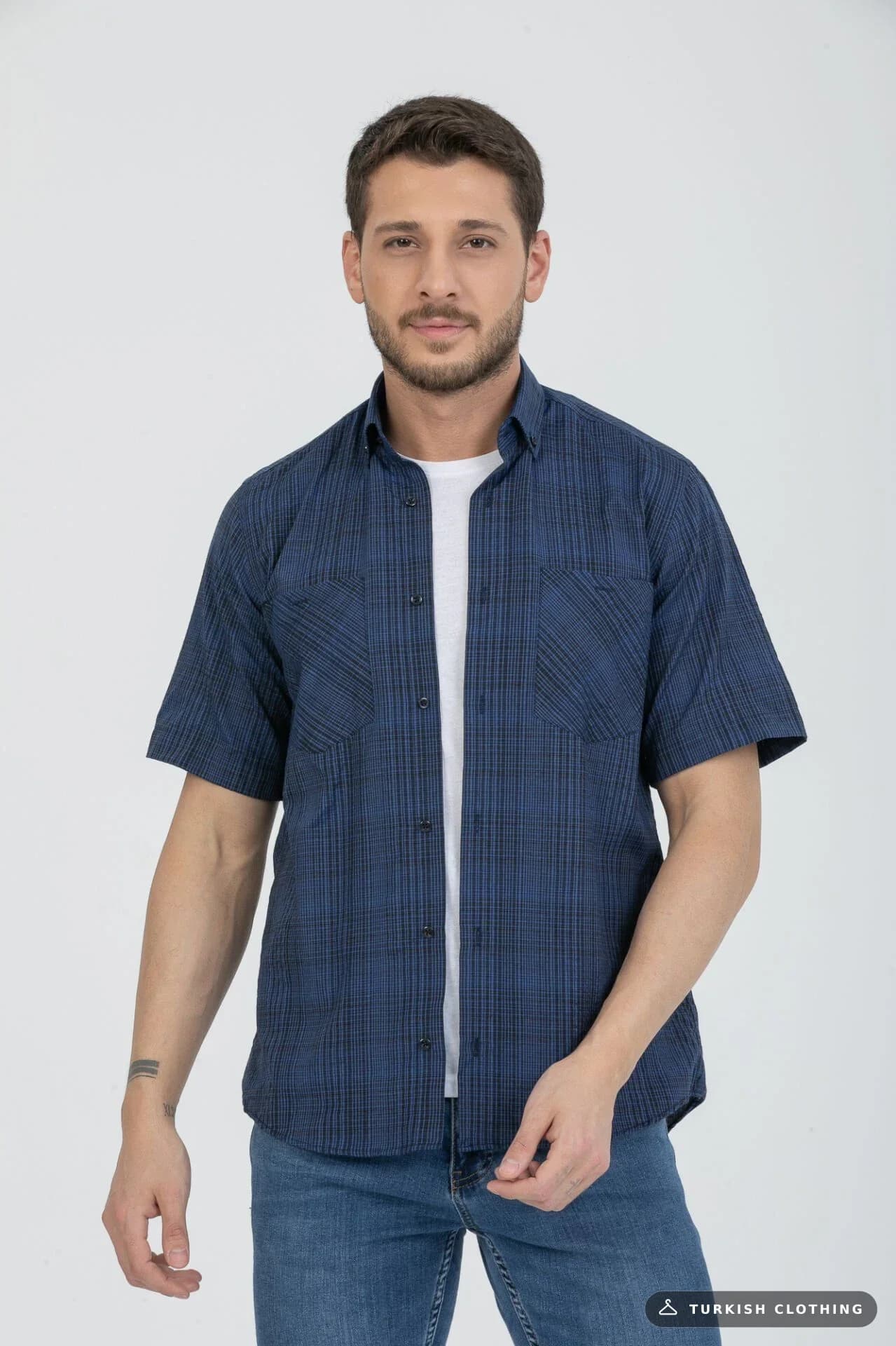 Varetta Men's Navy Blue Checked Double Pocket Summer Short Sleeve Shirt
