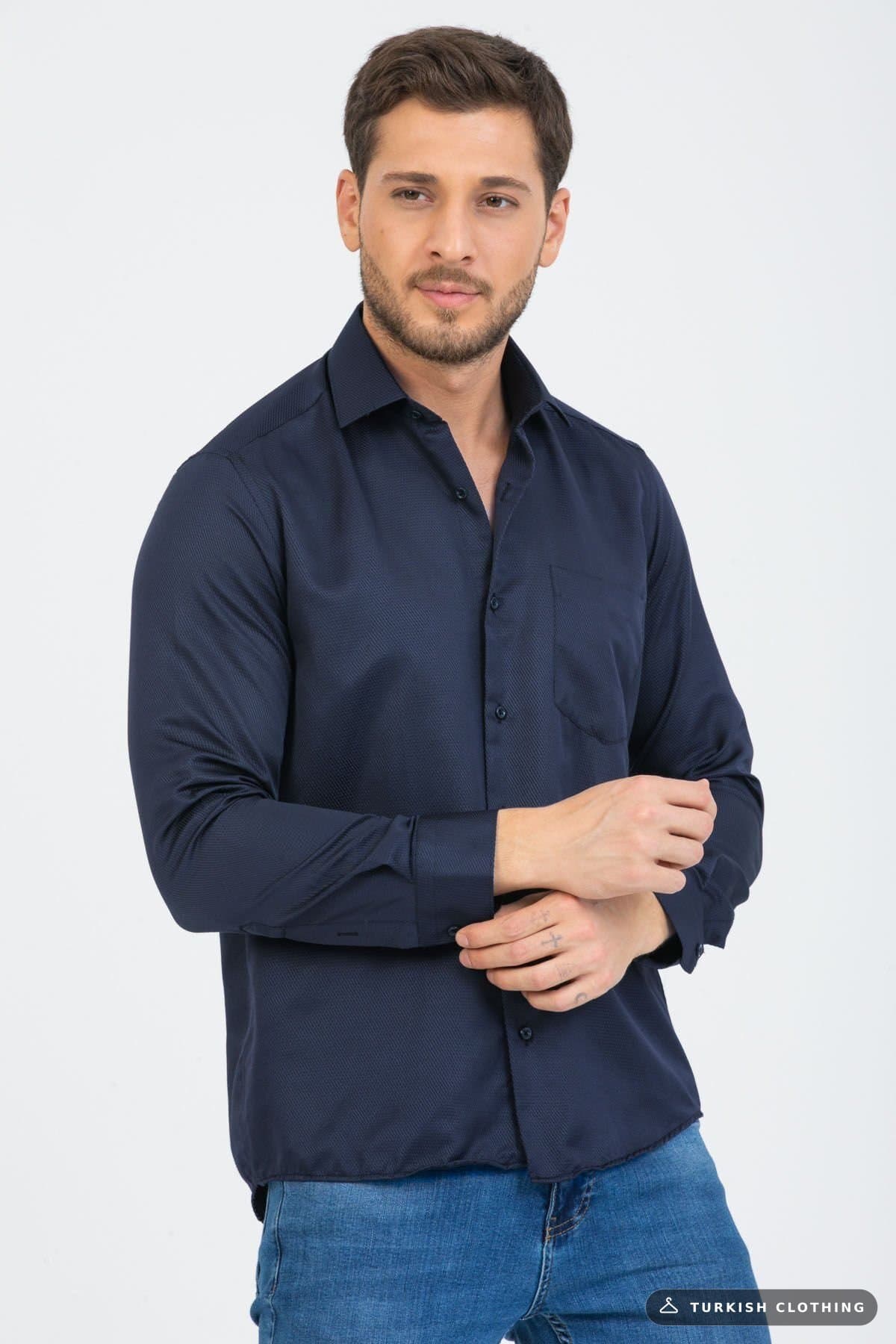 Varetta Men's Navy Blue Dobby Mini Patterned Long Sleeve Shirt — Checked Classic Fit – wholesale Shirts by Varetta, Turkish