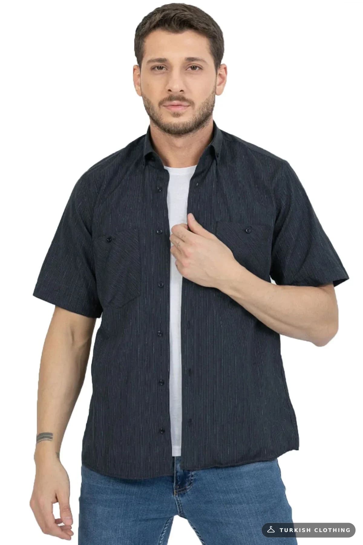 Varetta Men's Navy Blue Double Pocket Summer Short Sleeve Shirt