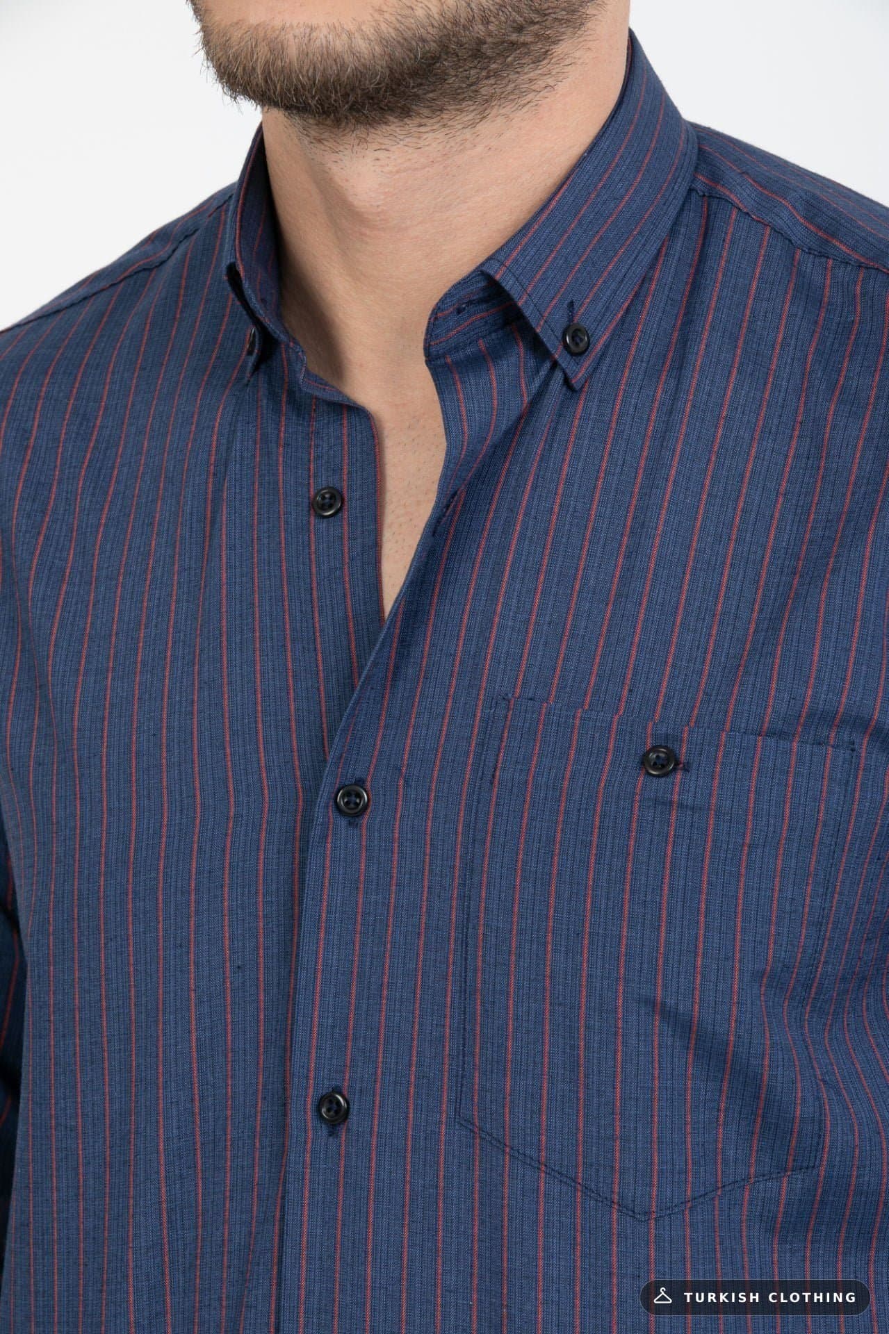 Varetta Men's Navy Blue Pocket Striped Collar Buttoned Shirt