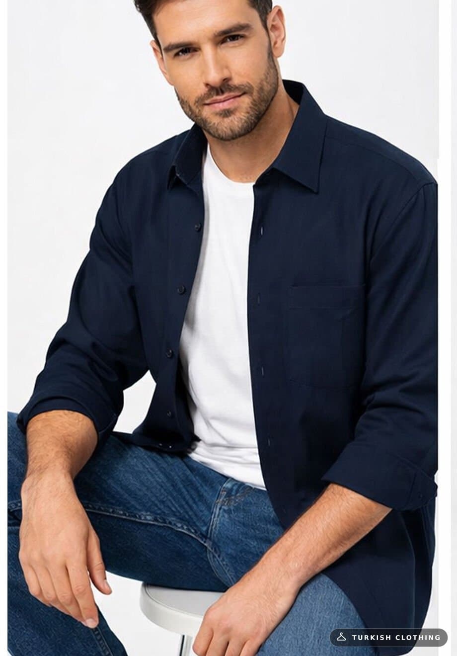 Varetta Men's Navy Blue Shirt Long Sleeve Classic Cut Cotton Satin with Pockets – wholesale Shirts by Varetta, Turkish