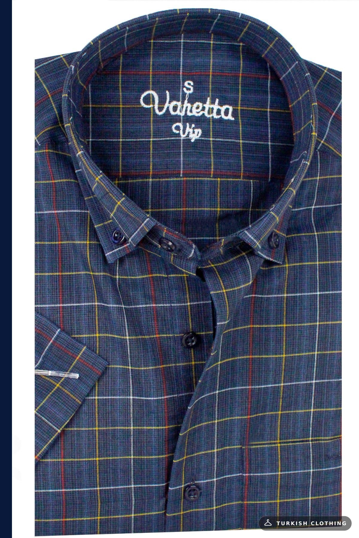 Varetta Men's Navy Blue Short Sleeve Pocket Wide Cut Cotton Summer Checkered Shirt – wholesale Shirts by Varetta, Turkish