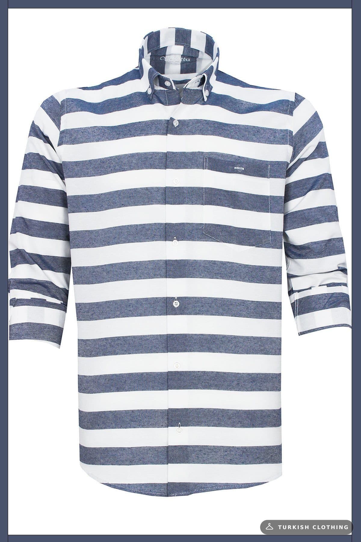 Varetta Men's Navy Blue Striped Long Sleeve Button Collar Shirt White – wholesale Shirts by Varetta, Turkish clothing