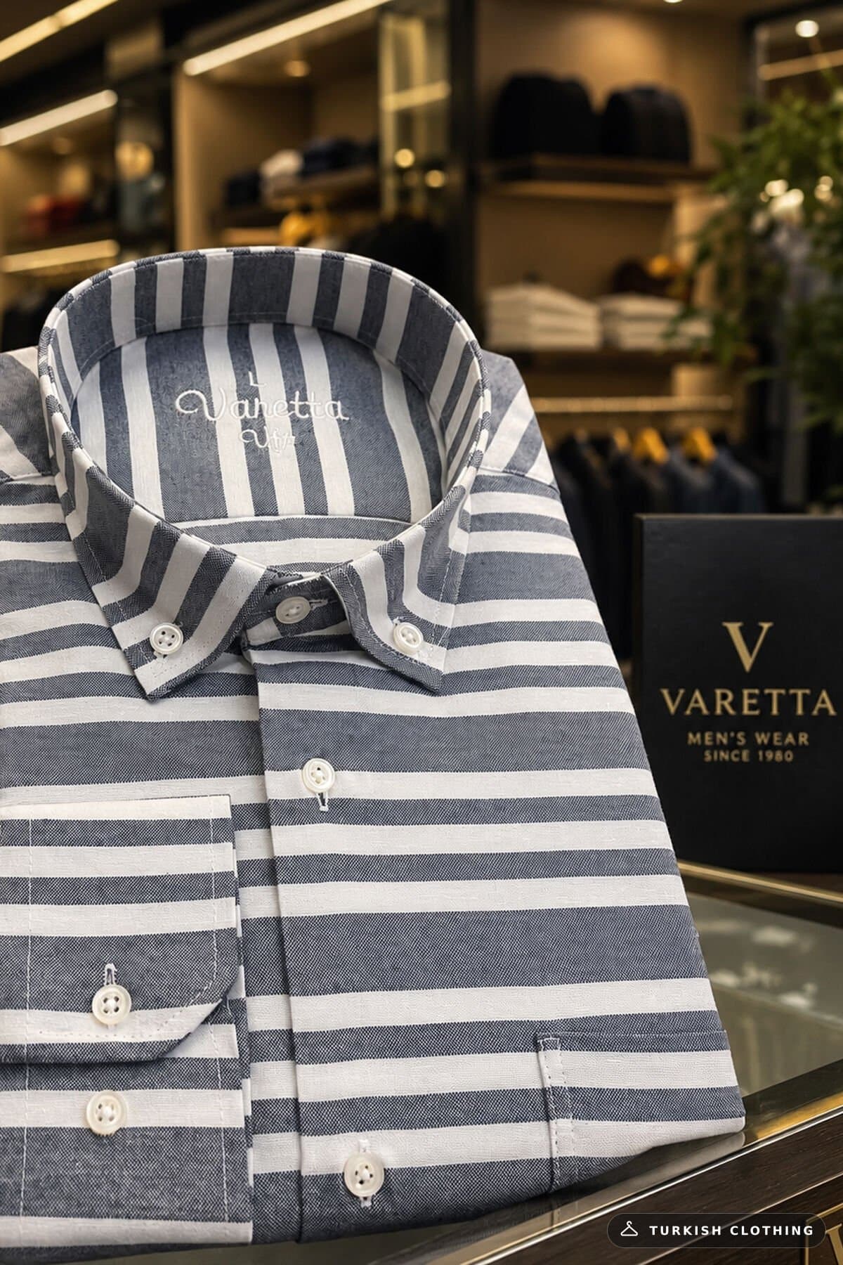 Varetta Men's Navy Blue Striped Shirt Long Sleeve Button Collar Classic Cut – wholesale Shirts by Varetta, Turkish clothing