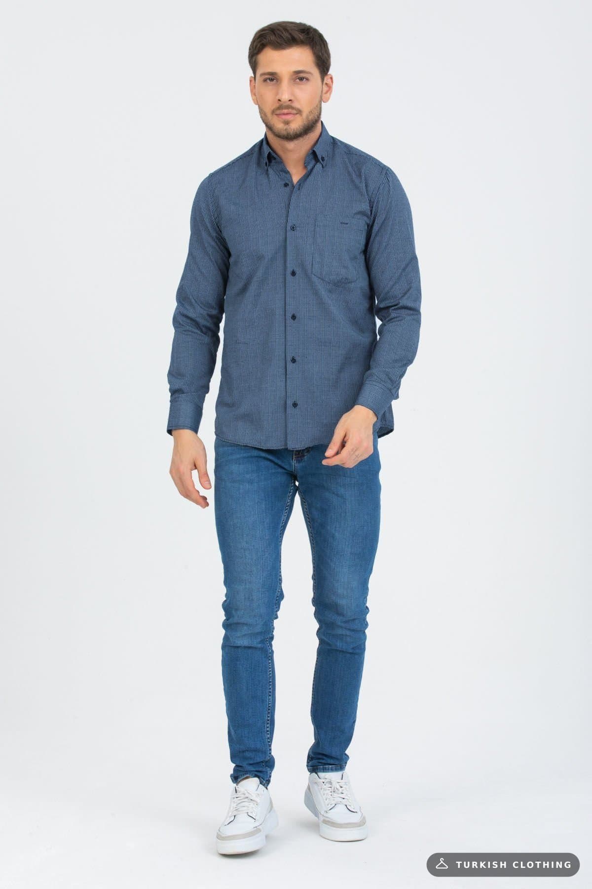 Varetta Men's Navy Blue Striped Sleeve Classic Cut Collar Buttoned — Checked Button-Down – wholesale Shirts by Varetta,