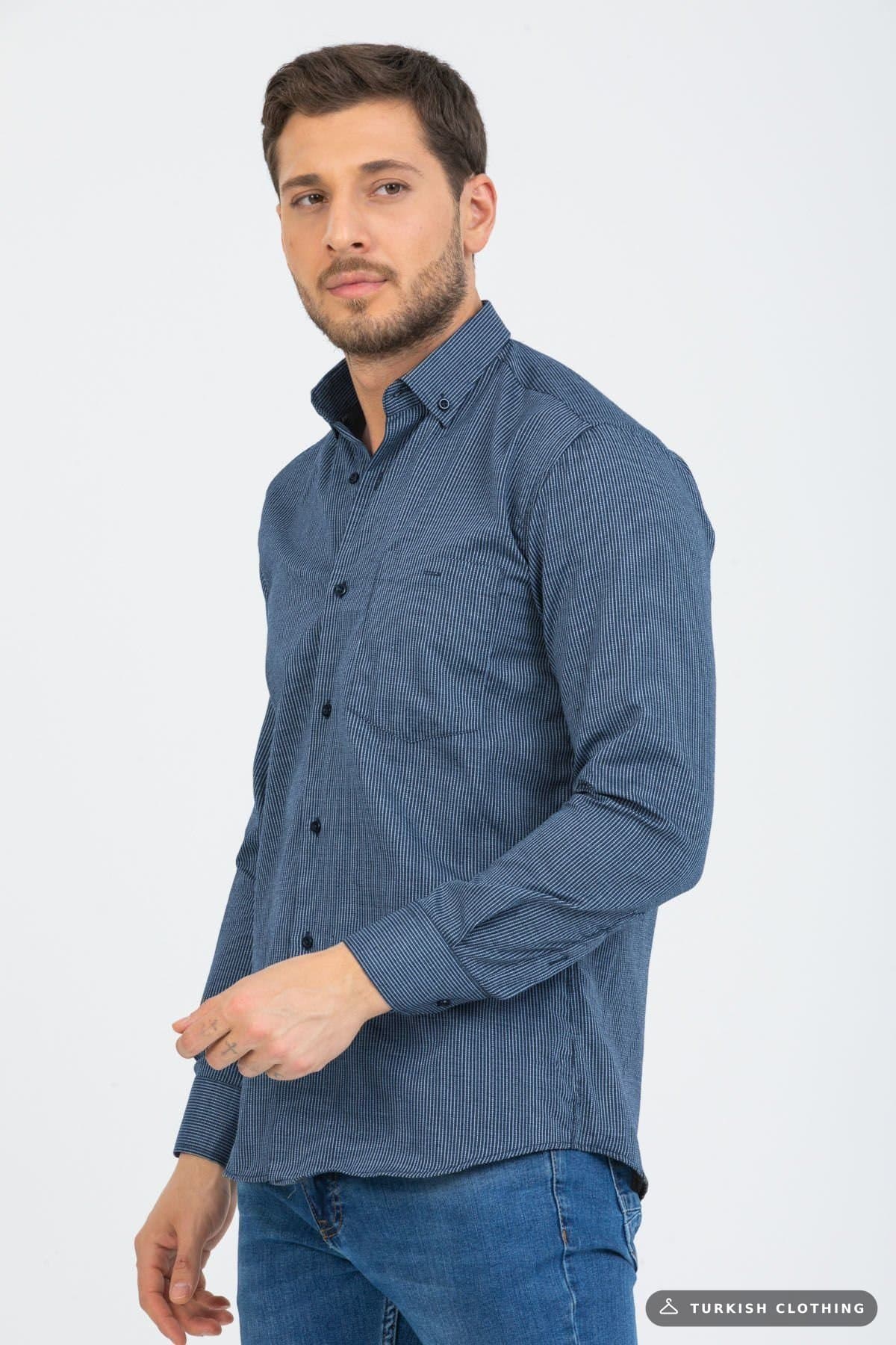 Varetta Men's Navy Blue Striped Sleeve Classic Cut Collar Buttoned Shirt – wholesale Shirts by Varetta, Turkish clothing