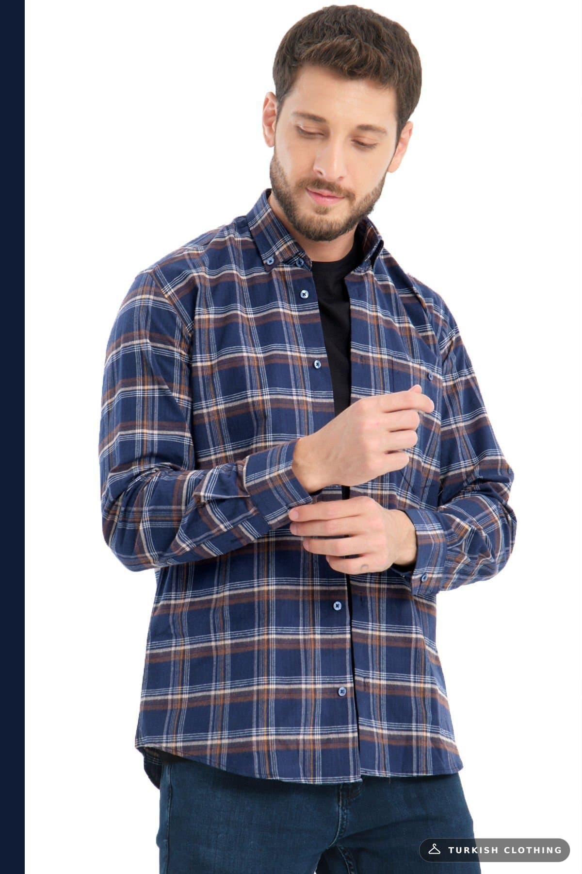 Varetta Men's Navy Blue Winter Checkered Woolen Pocket Wide Cut — Checked Relaxed Fit – wholesale Shirts by Varetta, Turkish