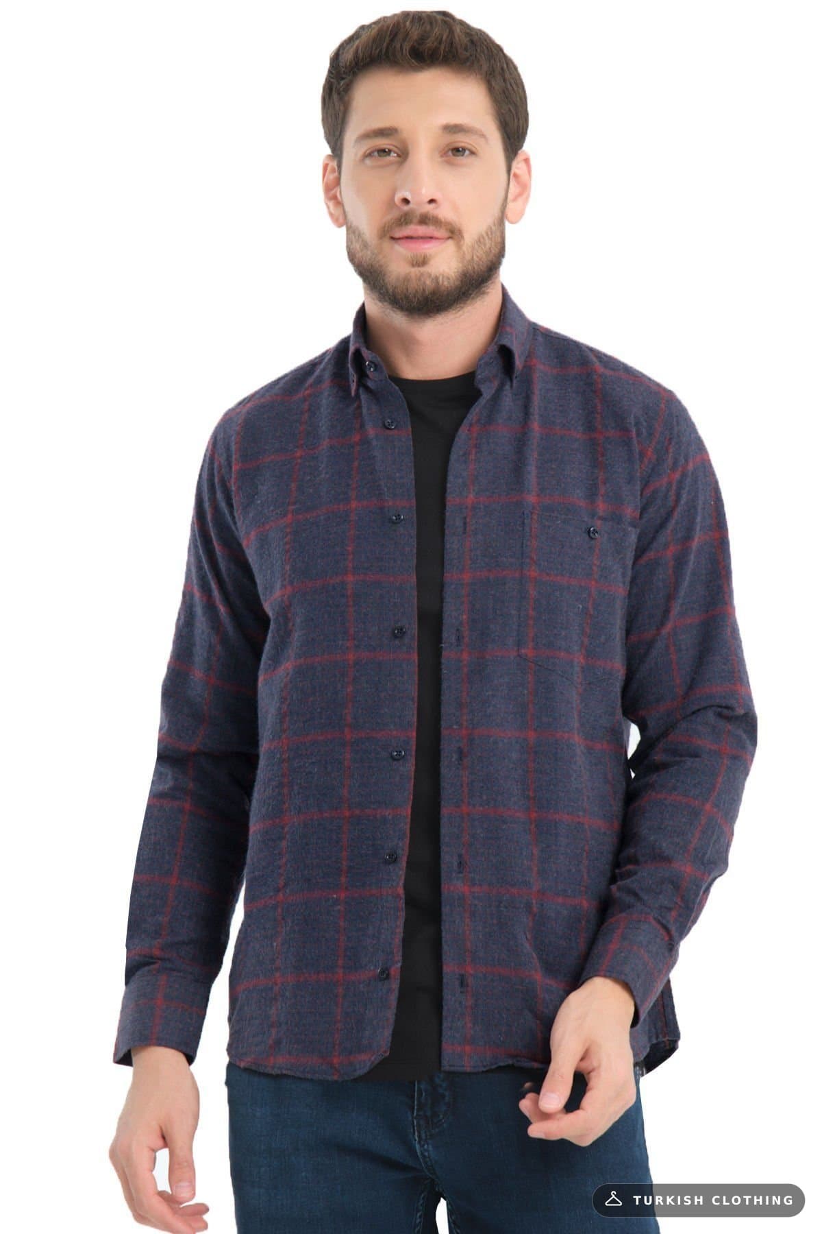 Varetta Men's Navy Blue Winter Checkered Woolen Pocket Wide Cut — Checked Relaxed Fit (2) – wholesale Shirts by Varetta,
