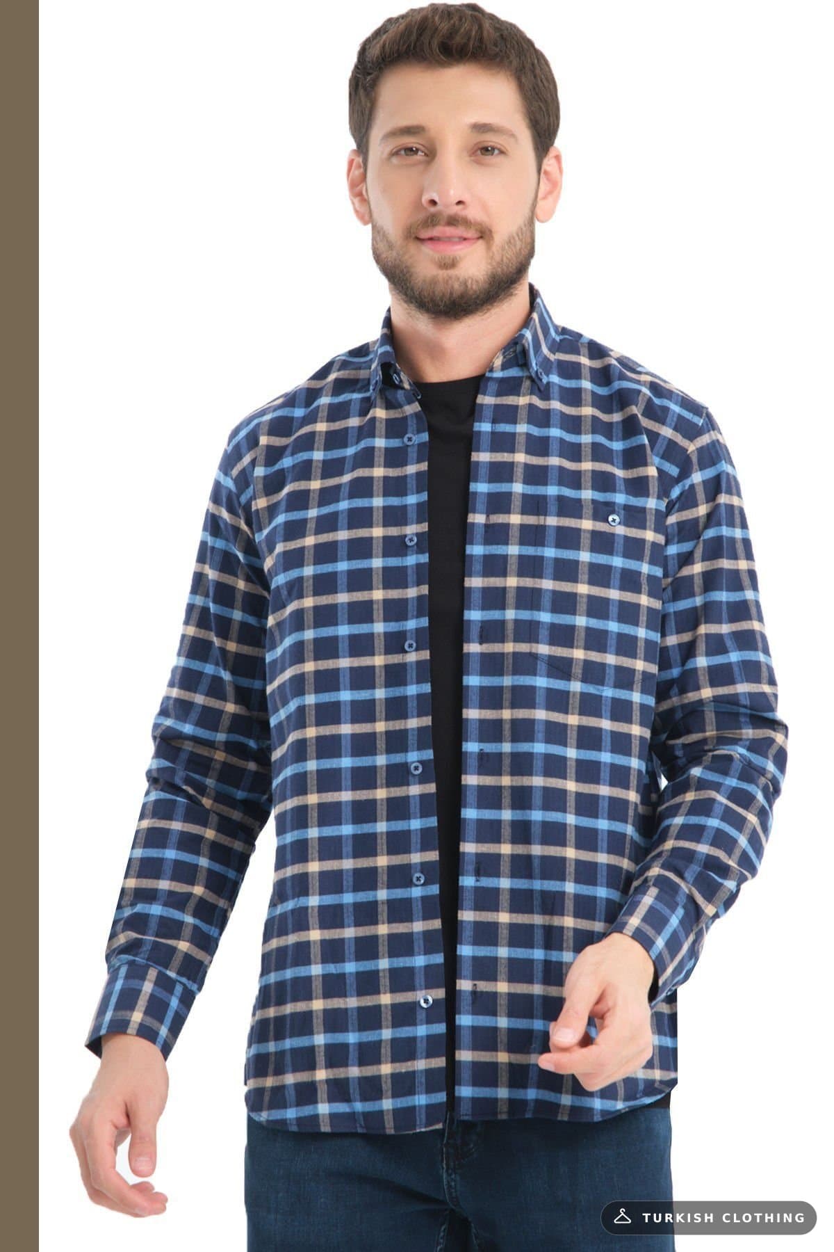 Varetta Men's Navy Blue Winter Checkered Woolen Pocket Wide Cut Shirt – wholesale Shirts by Varetta, Turkish clothing