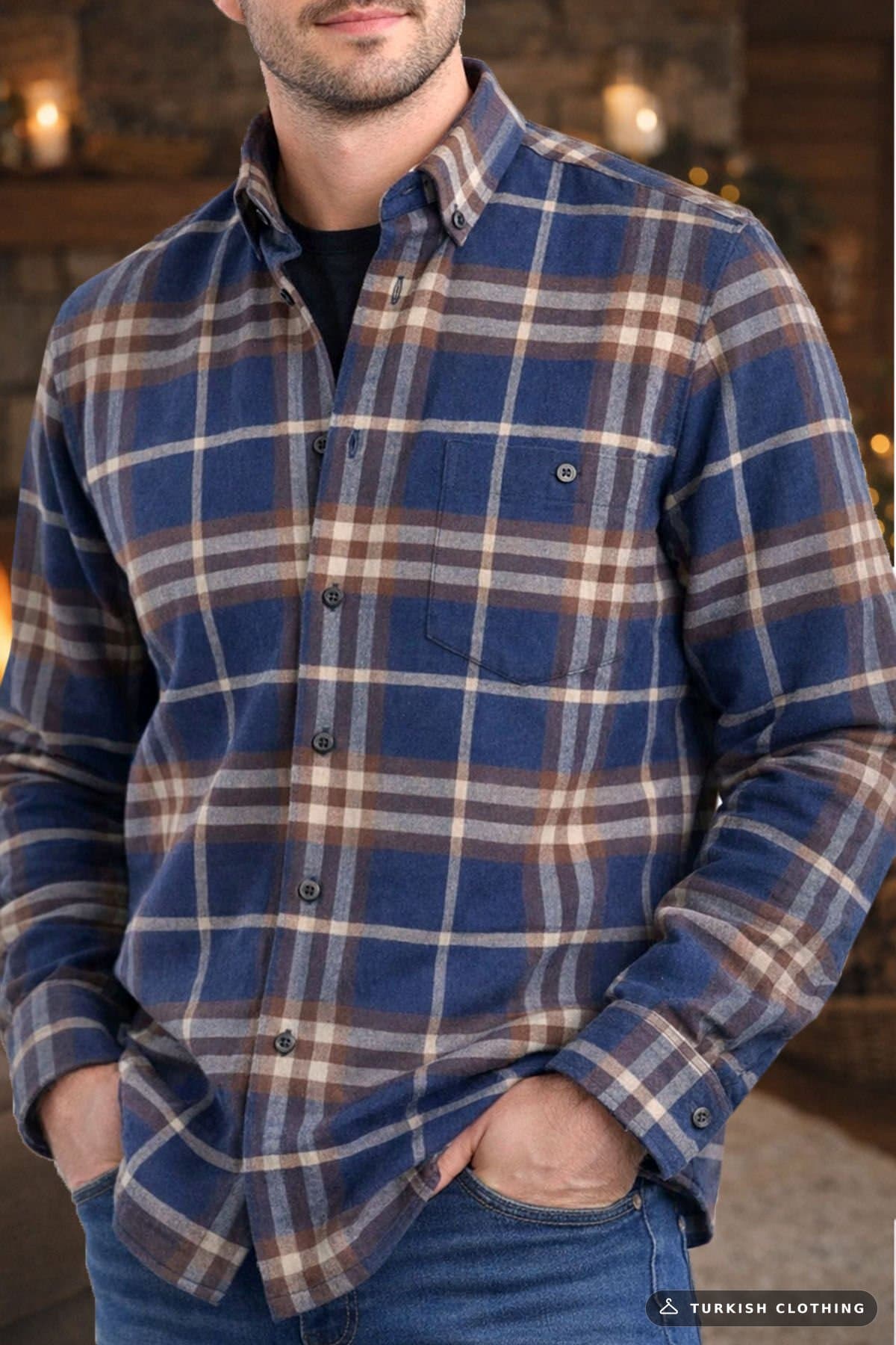 Varetta Men's Navy Blue Winter Shirt Checkered Woolen Wide Cut with Pockets – wholesale Shirts by Varetta, Turkish clothing