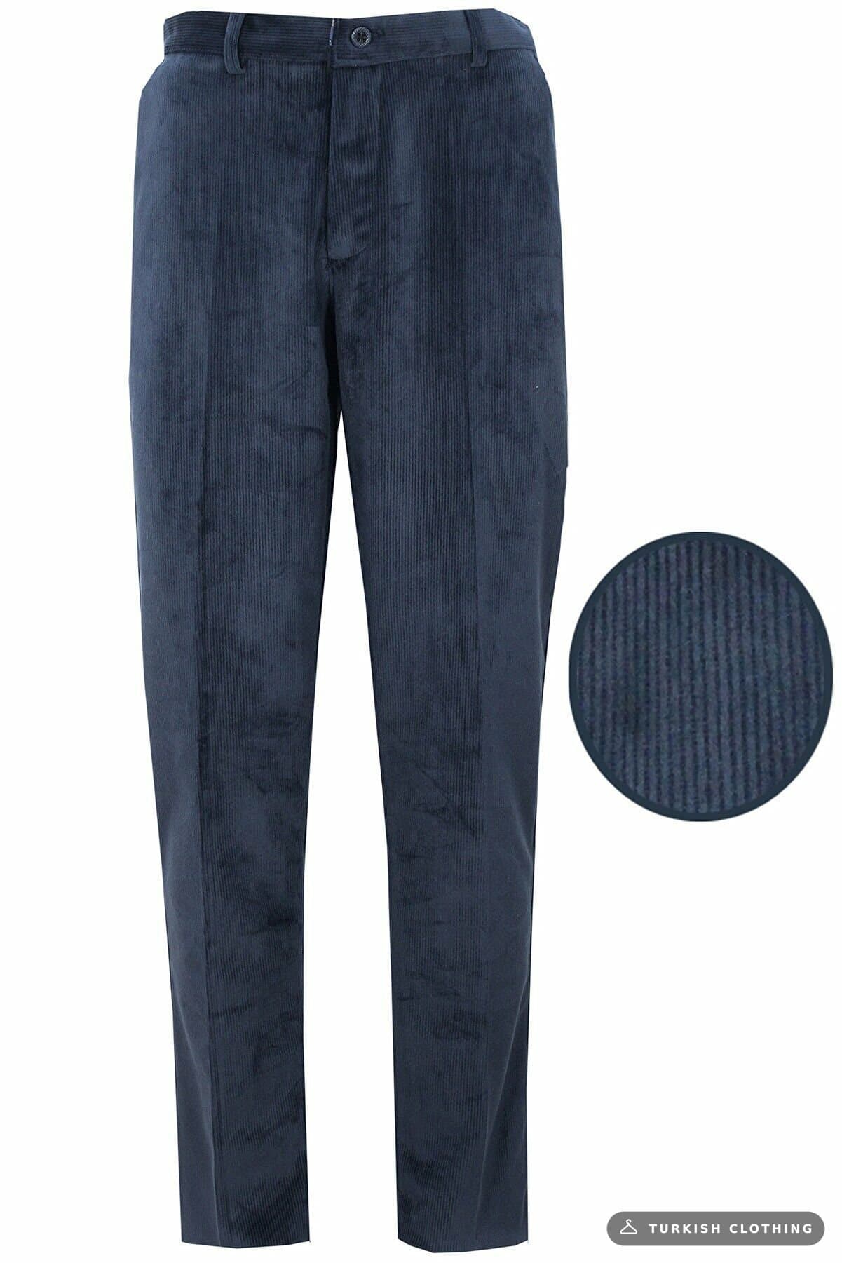 Varetta Men's Navy Blue Winter Striped Pocket Classic Cut Velvet Trousers – back view, wholesale Trousers from Türkiye