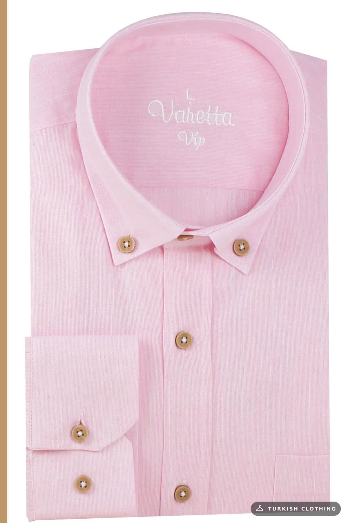 Varetta Men's Pink Linen Shirt | 100% Cotton, Long Sleeve, Wide Cut, Single Pocket – wholesale Shirts by Varetta, Turkish