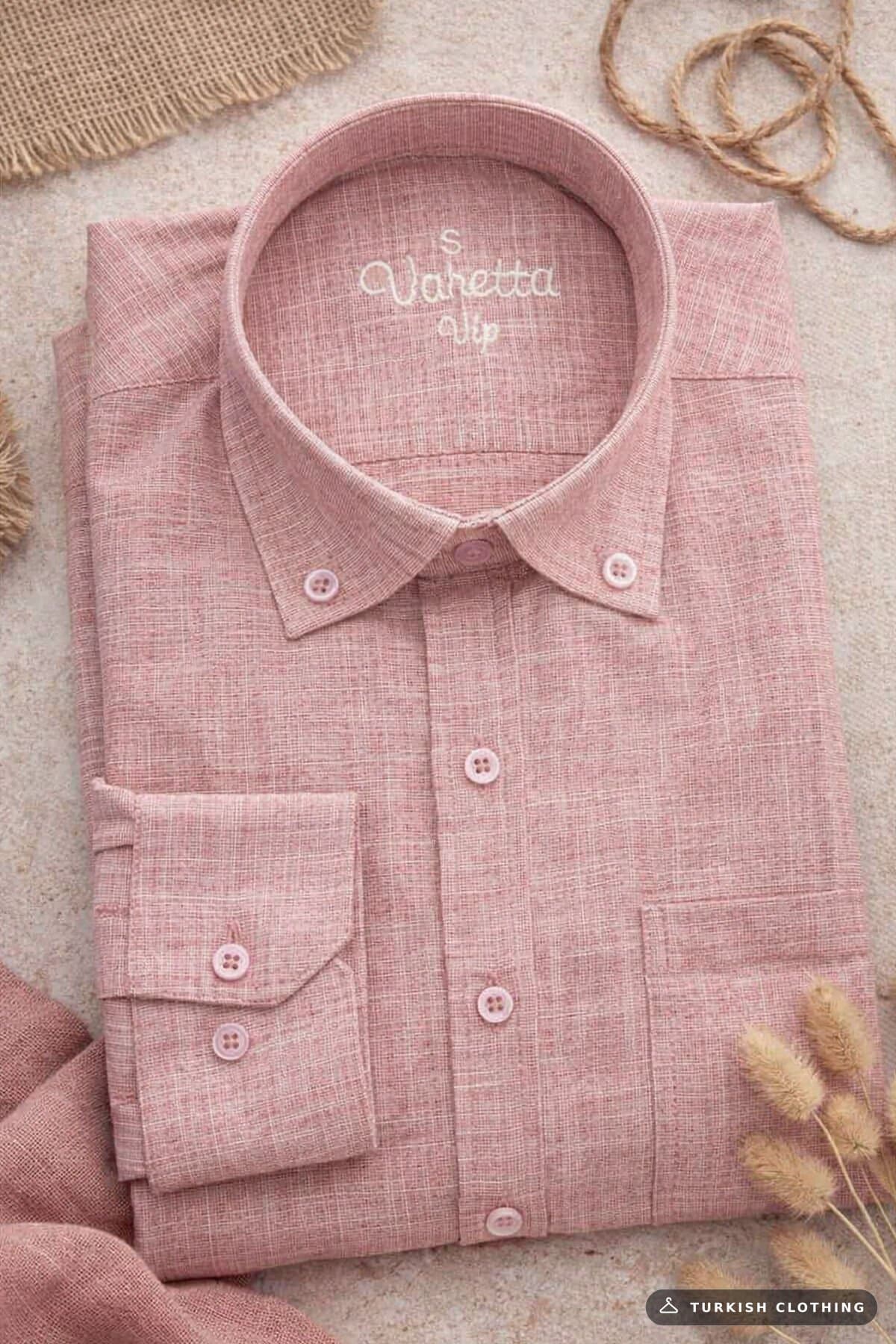 Varetta Men's Pink Linen Shirt with Pockets 100% Cotton Long Sleeve Wide Cut – wholesale Shirts by Varetta, Turkish clothing