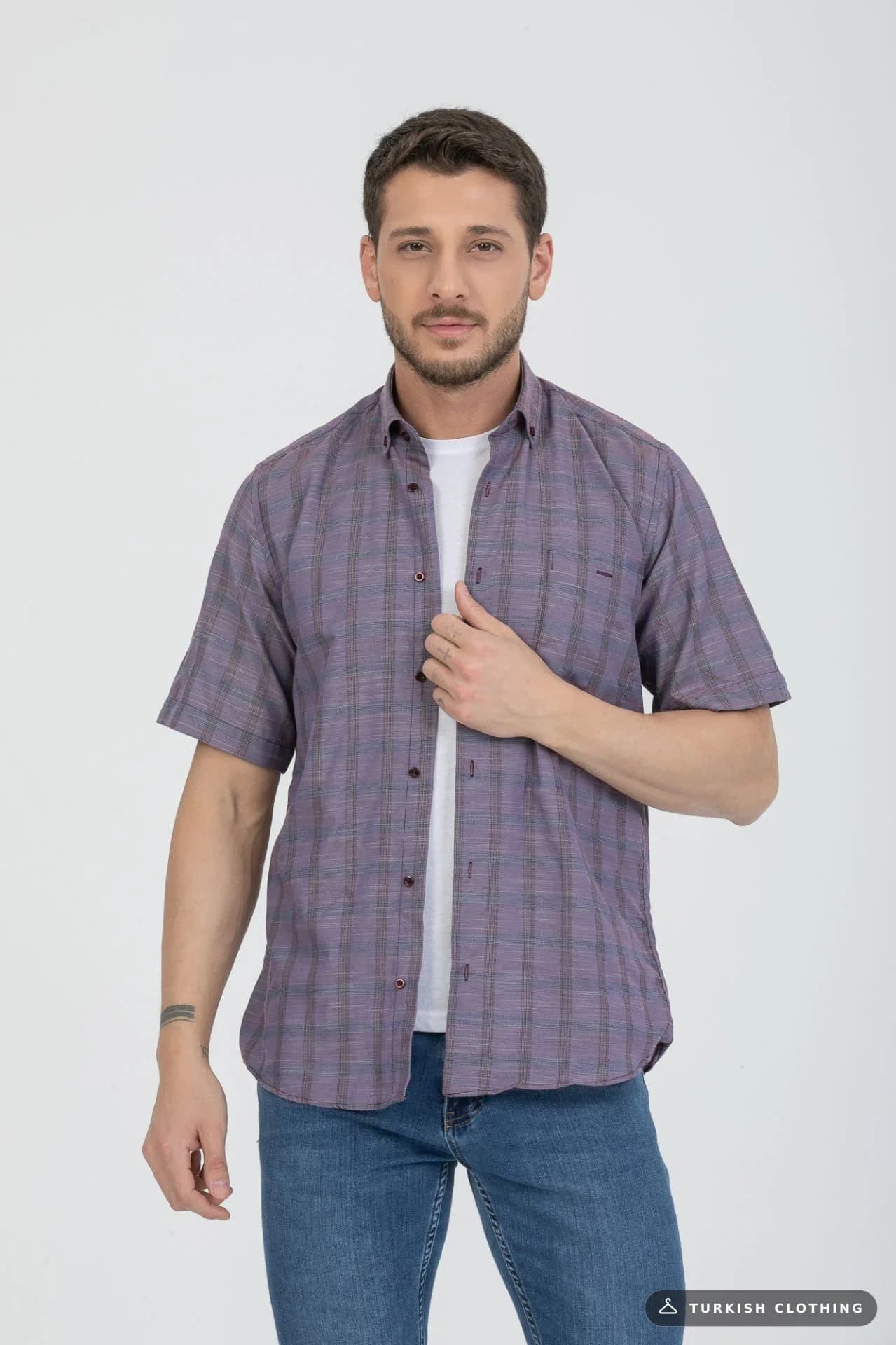 Varetta Men's Plum Cotton Summer Short Sleeve Shirt with Pockets