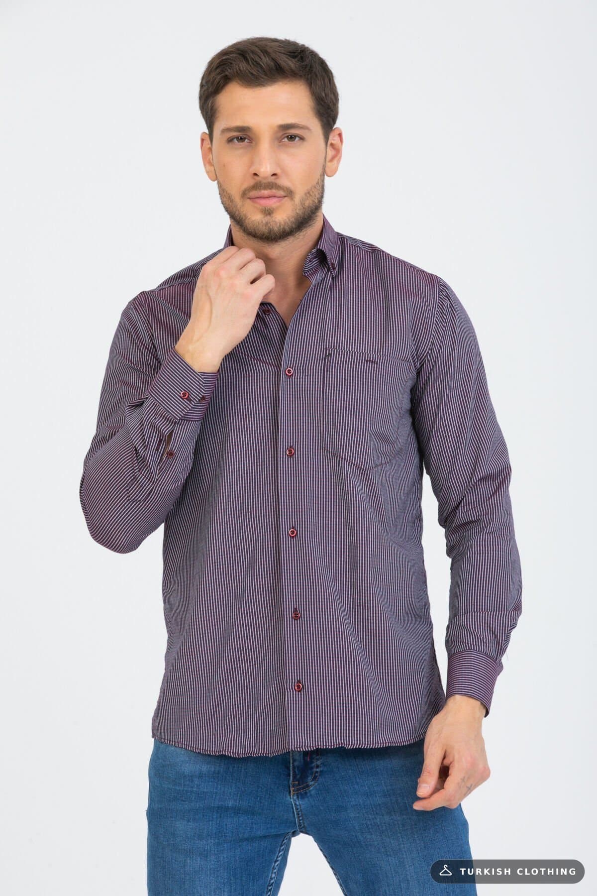 Varetta Men's Plum Striped Sleeve Classic Cut Collar Buttoned Shirt – wholesale Shirts by Varetta, Turkish clothing