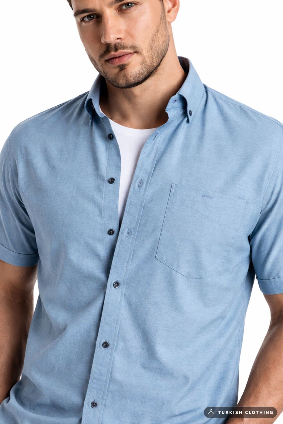 Varetta Men's Powder Blue Shirt Short Sleeve Wide Cut Pocket Cotton – wholesale Shirts by Varetta, Turkish clothing