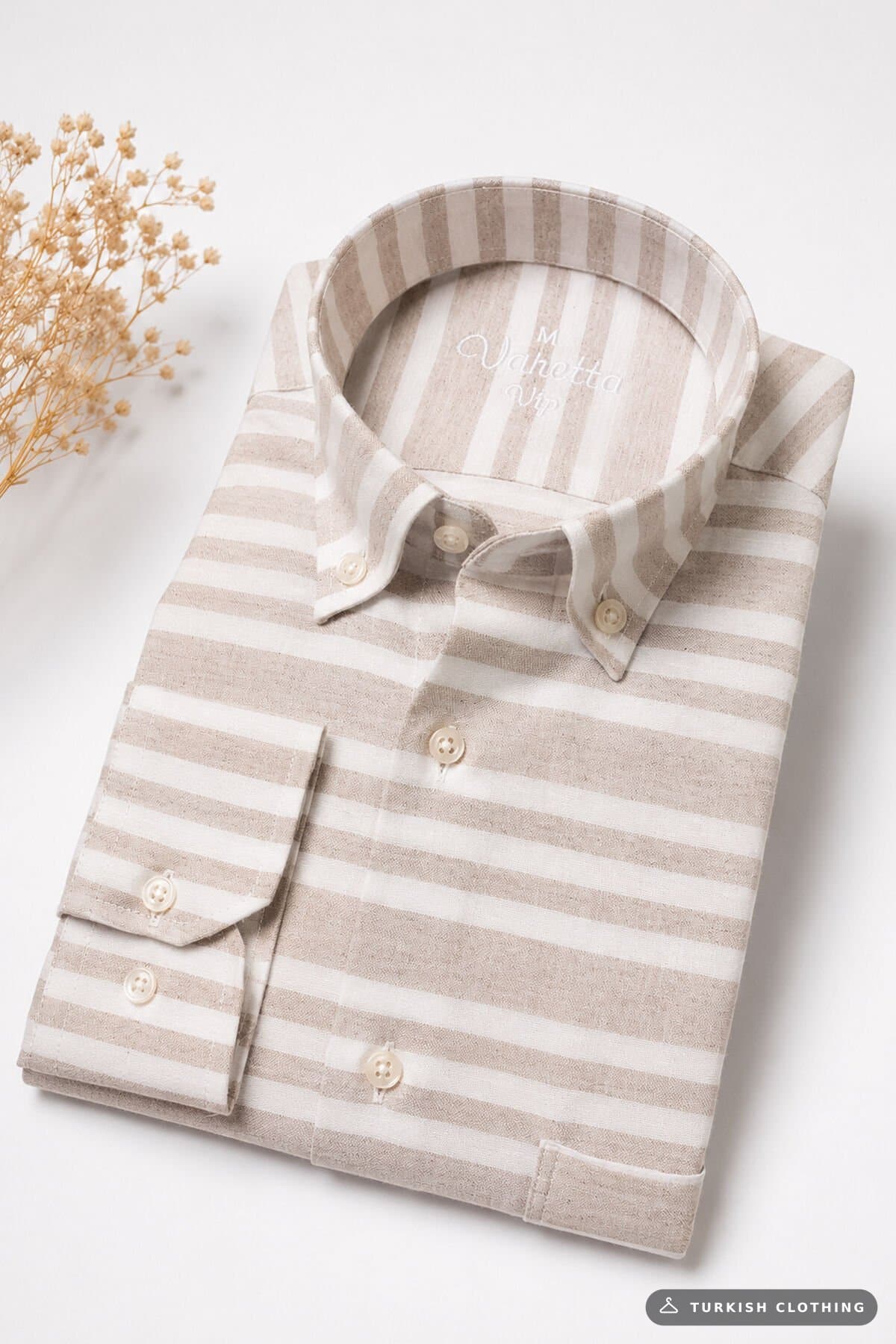 Varetta Men's Riviera Beige Premium Shirt Striped Collar Buttoned Single Pocket – wholesale Shirts by Varetta, Turkish