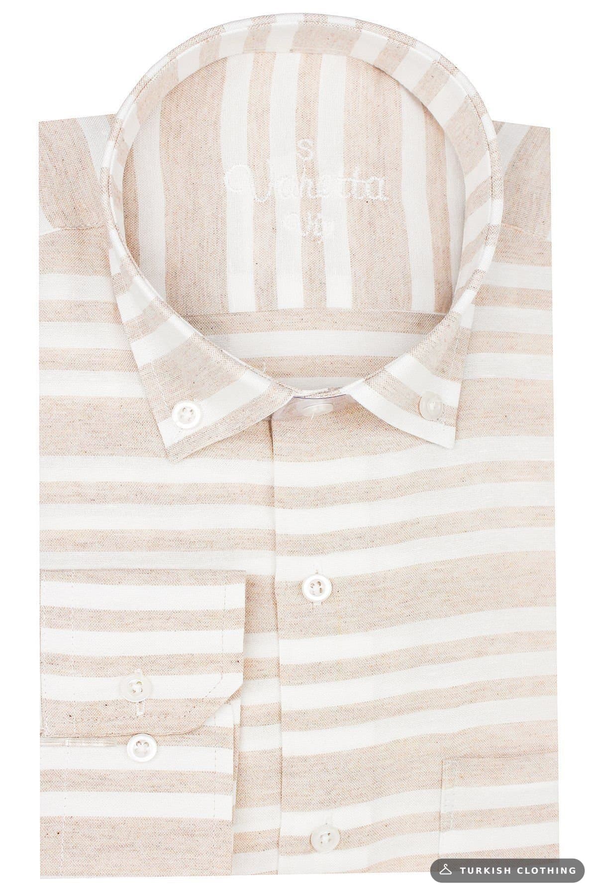 Varetta Men's Riviera Beige Premium Shirt Striped Collar Buttoned Single Pocket Tan Color – wholesale Shirts by Varetta,