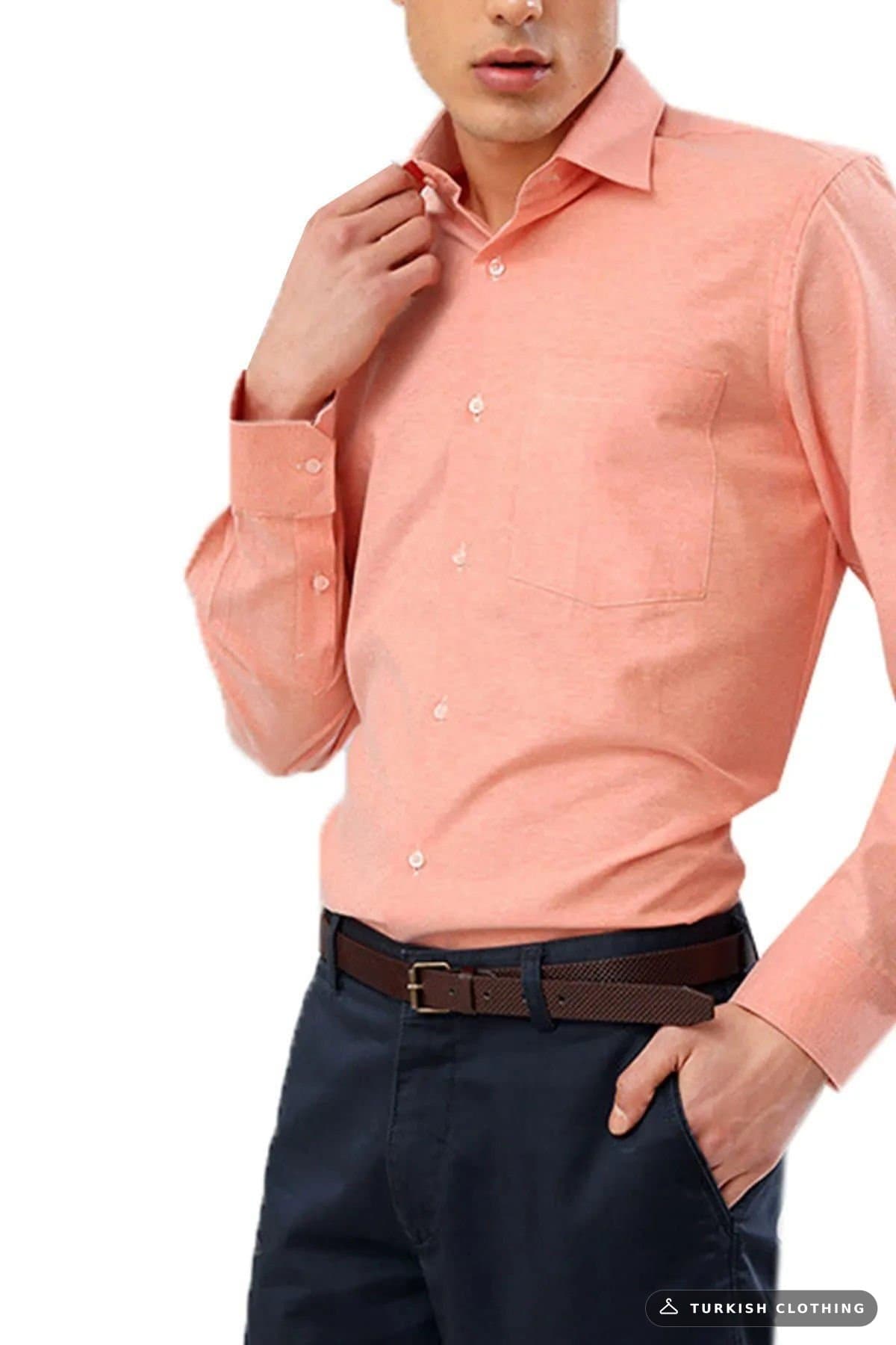 Varetta Men's Salmon Shirt Long Sleeve Linen Effect Pocket Cotton Summer Orange – wholesale Shirts by Varetta, Turkish