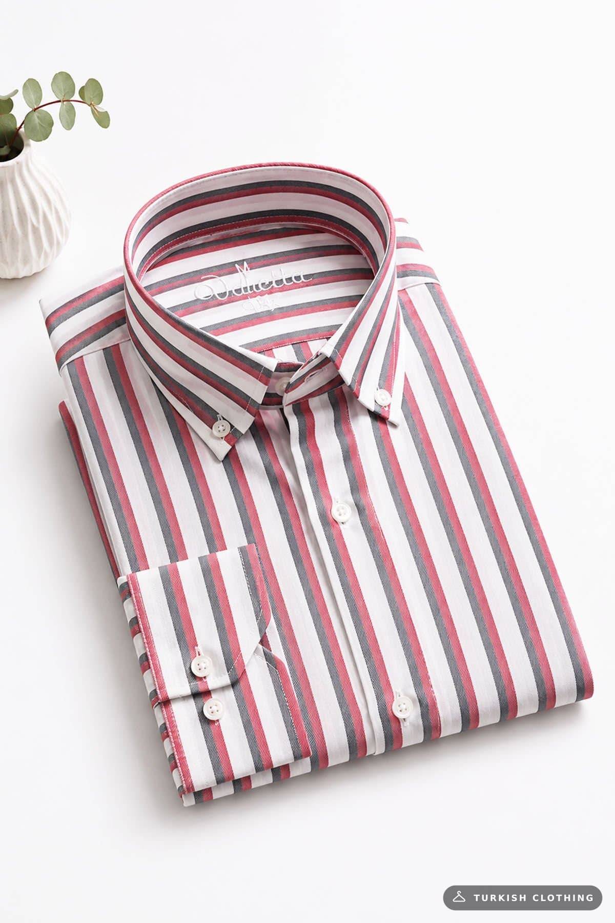 Varetta Men's Shirt White Red Striped Long Sleeve Collar Buttoned Single Pocket – wholesale Shirts by Varetta, Turkish