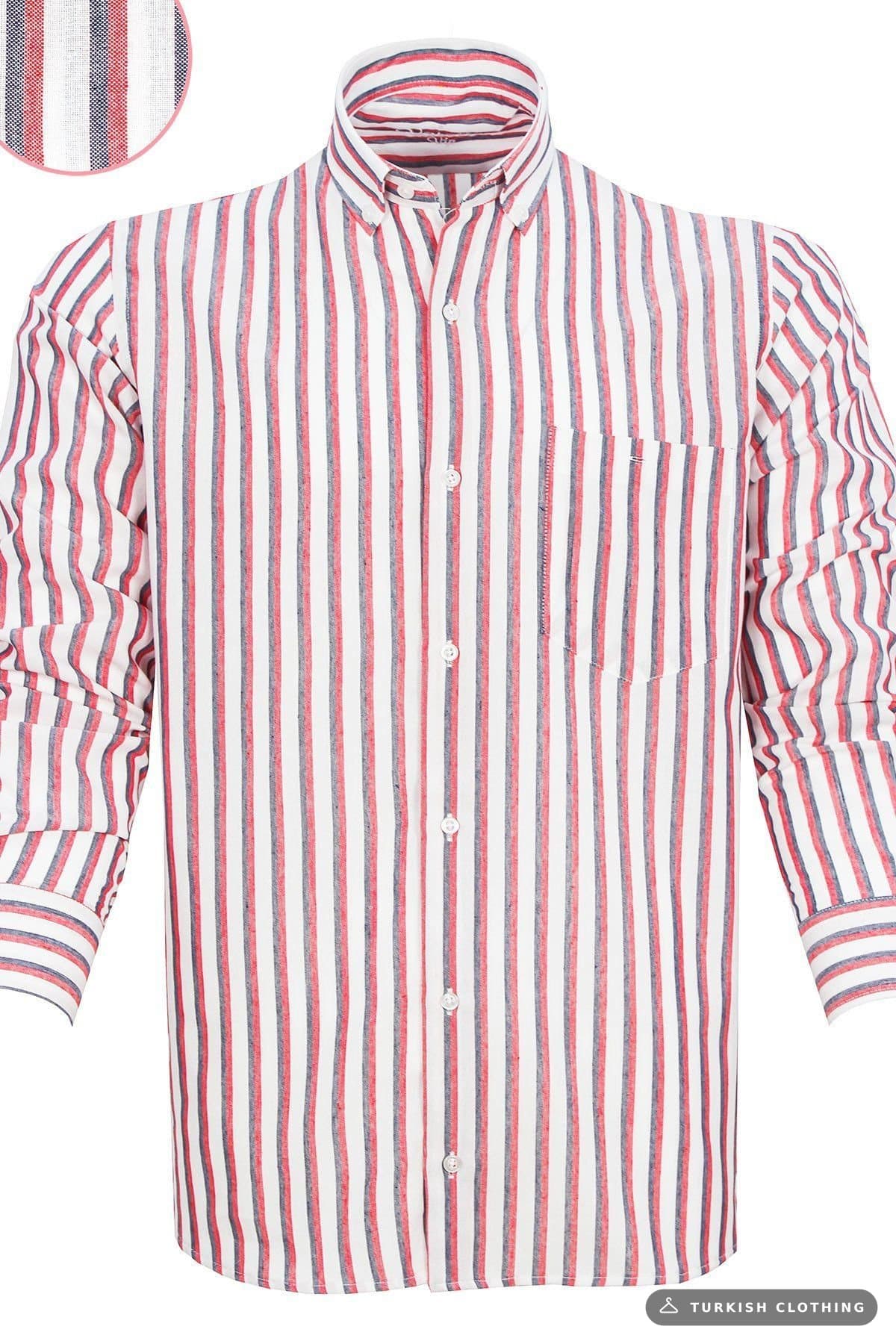 Varetta Men's Shirt White Red Striped Long Sleeve Collar Buttoned Single Pocket Smoked-Red – wholesale Shirts by Varetta,