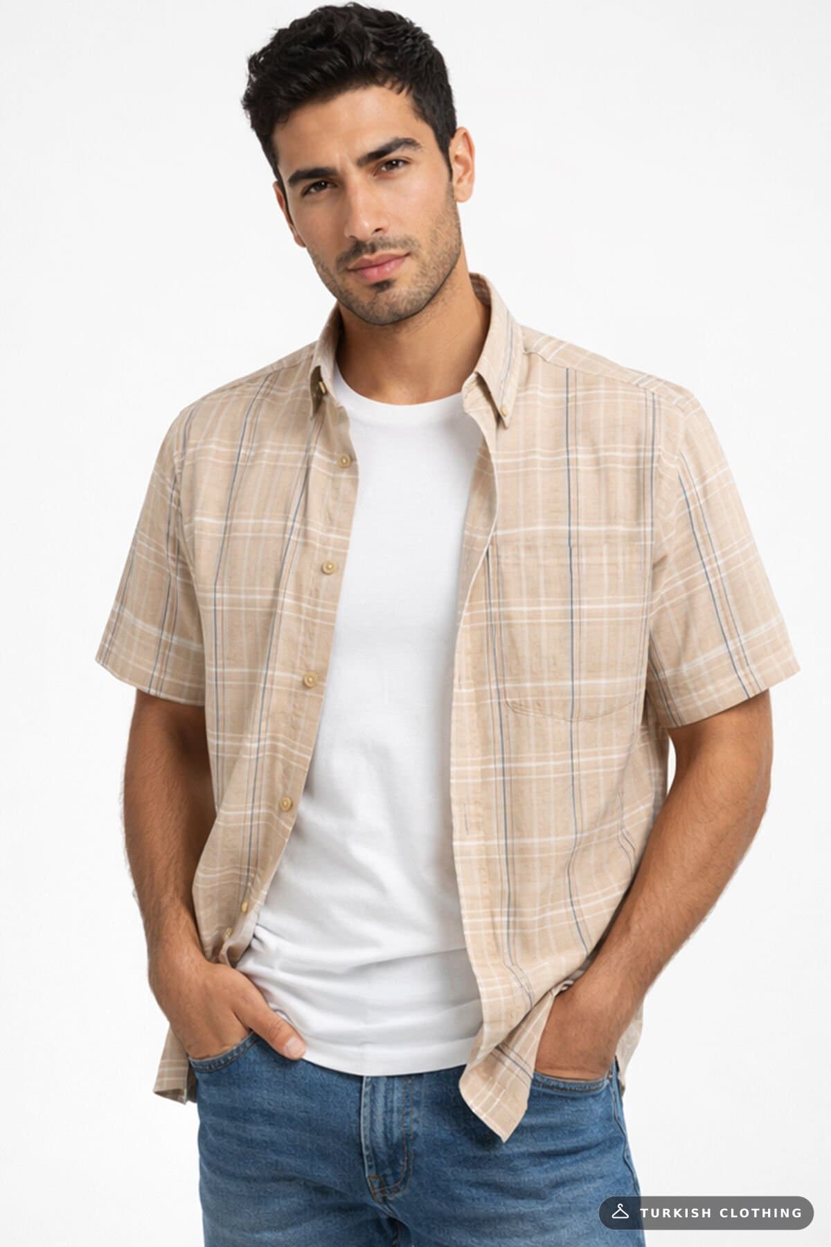 Varetta Men's Short Sleeve Shirt Beige Collar Buttoned Pocket Summer Casual – wholesale Shirts by Varetta, Turkish clothing