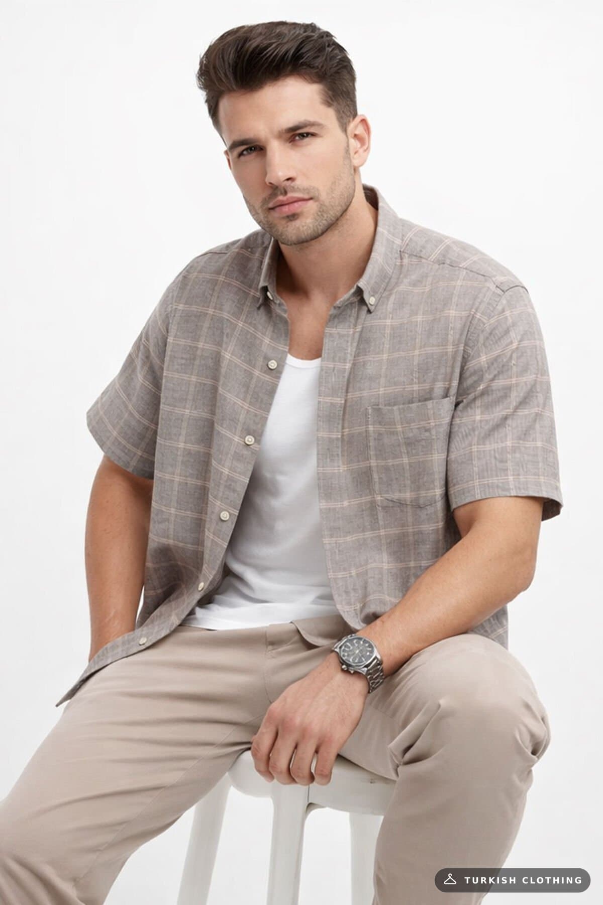 Varetta Men's Short Sleeve Shirt Brown Linen Effect Collar Buttoned Pocket Summer – wholesale Shirts by Varetta, Turkish